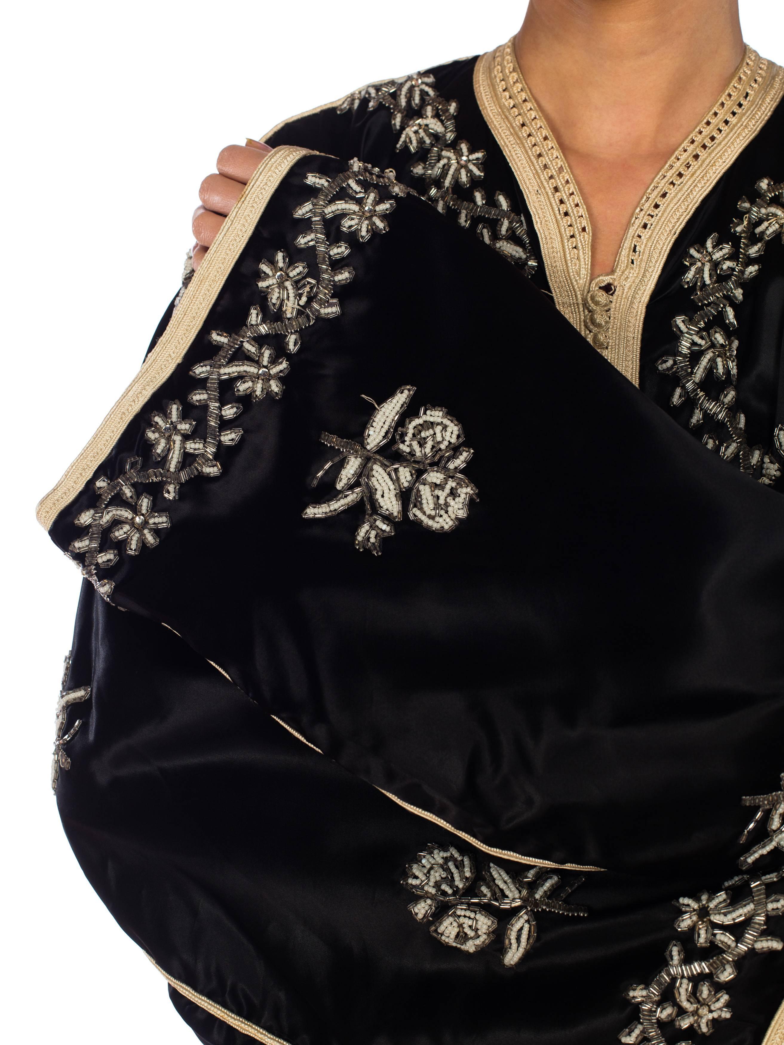 1960S Black Beaded Satin XL Moroccan  Kaftan 4