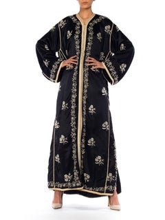 1960S Black Beaded Satin XL Moroccan  Kaftan