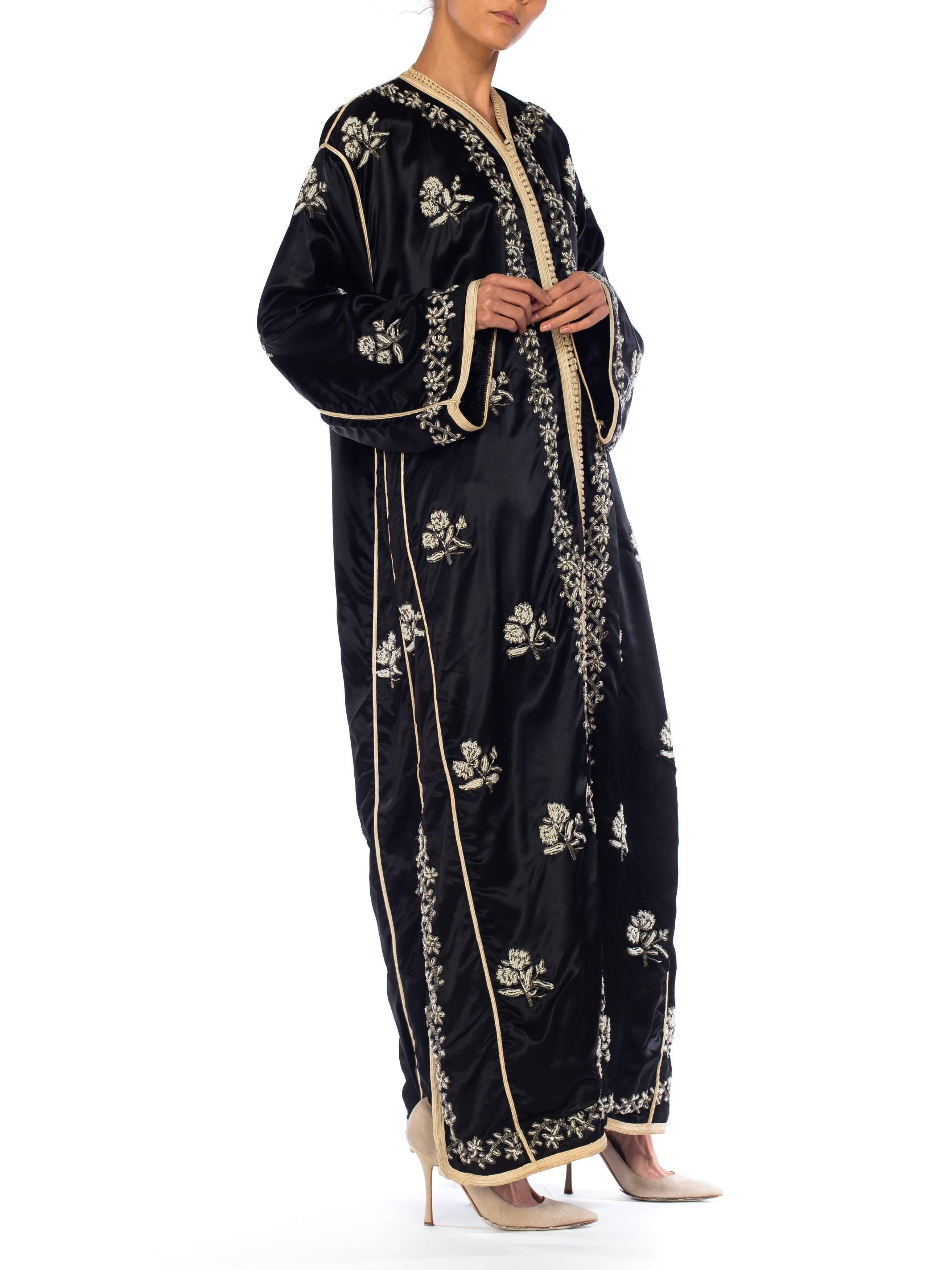 1960S Black Beaded Satin XL Moroccan  Kaftan In Excellent Condition In New York, NY