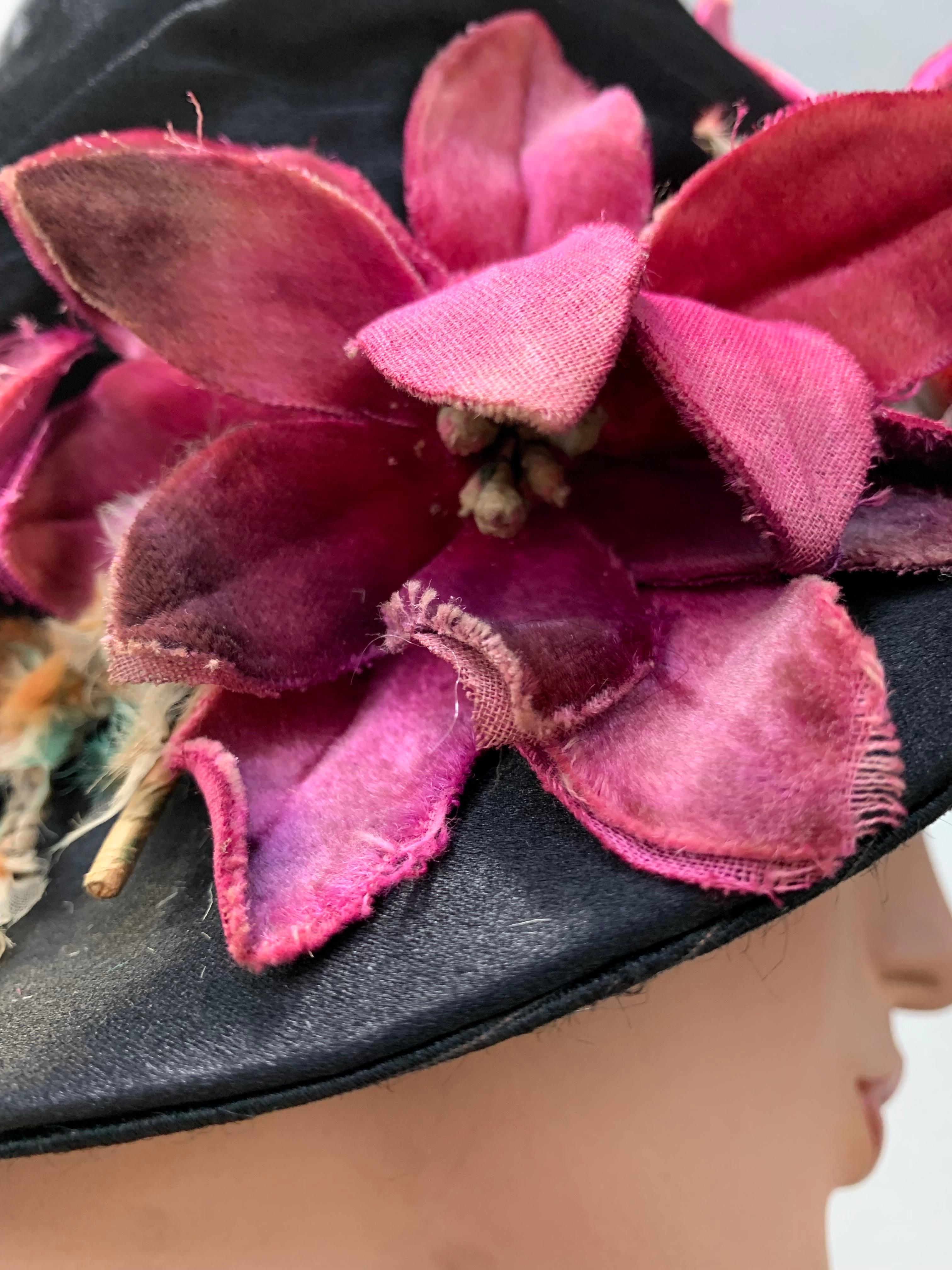 1920 Black Silk Satin Gathered Crown Brimmed Cloche w Magenta Velvet Florals For Sale 6