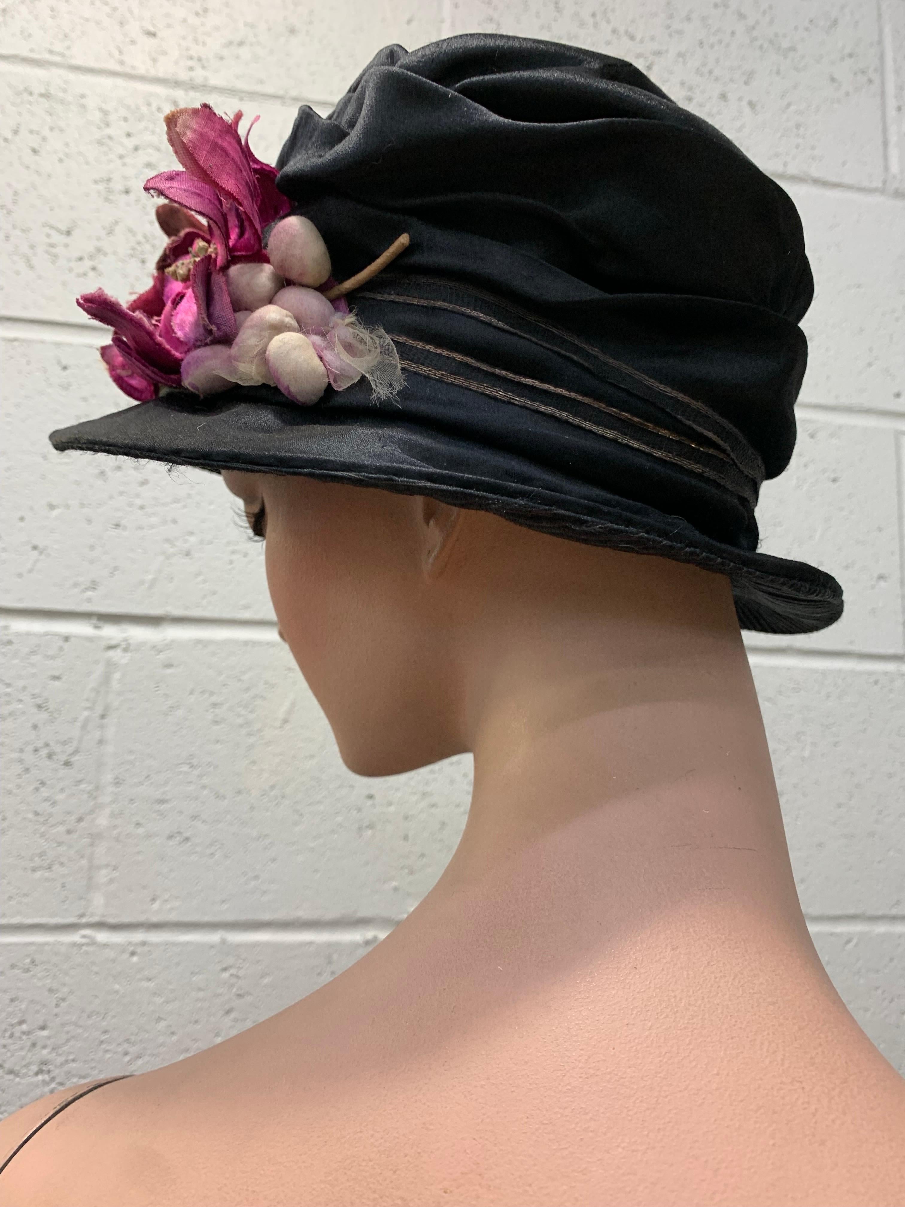 1920 Black Silk Satin Gathered Crown Brimmed Cloche w Magenta Velvet Florals For Sale 7
