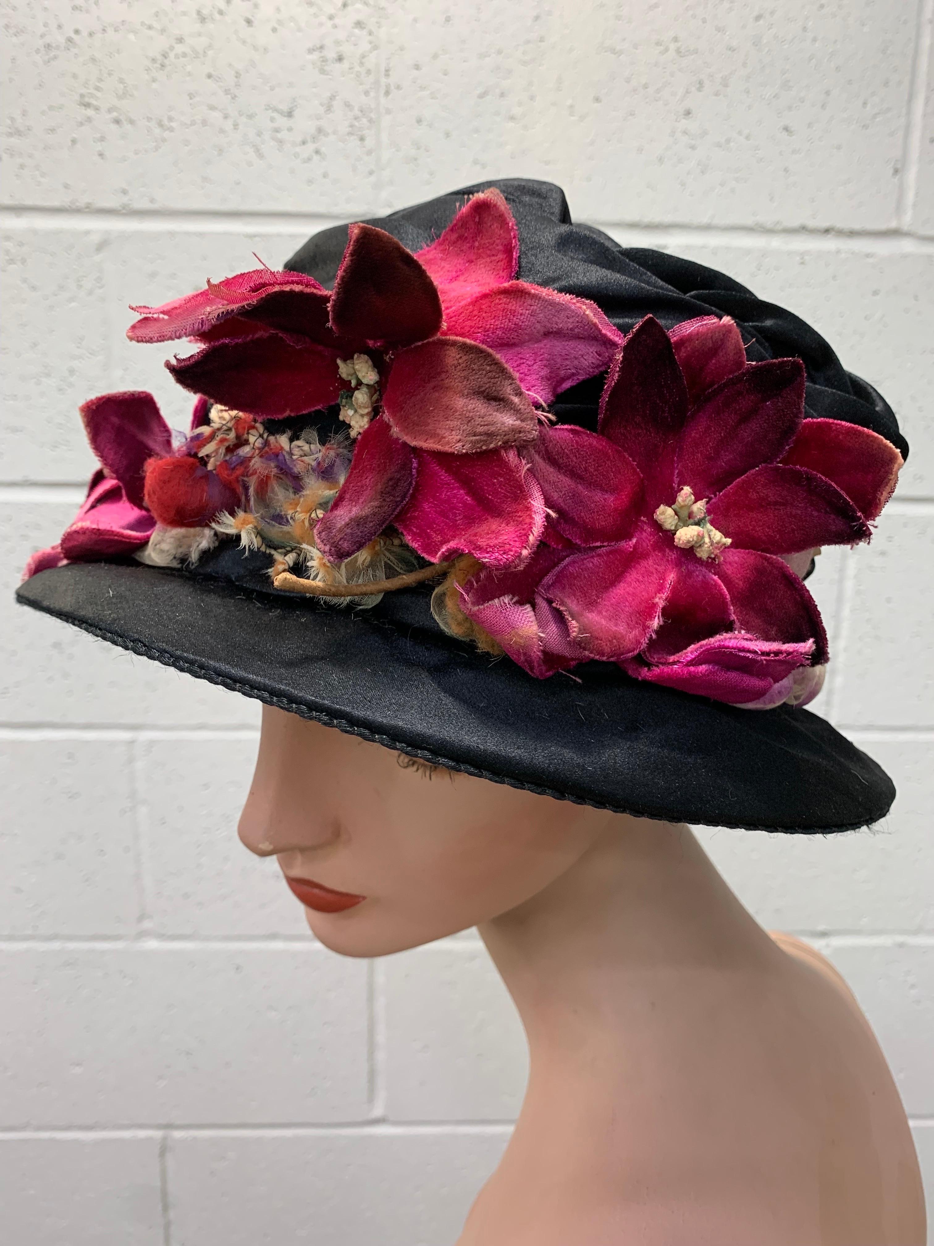 1920 Black Silk Satin Gathered Crown Brimmed Cloche w Magenta Velvet Florals For Sale 8