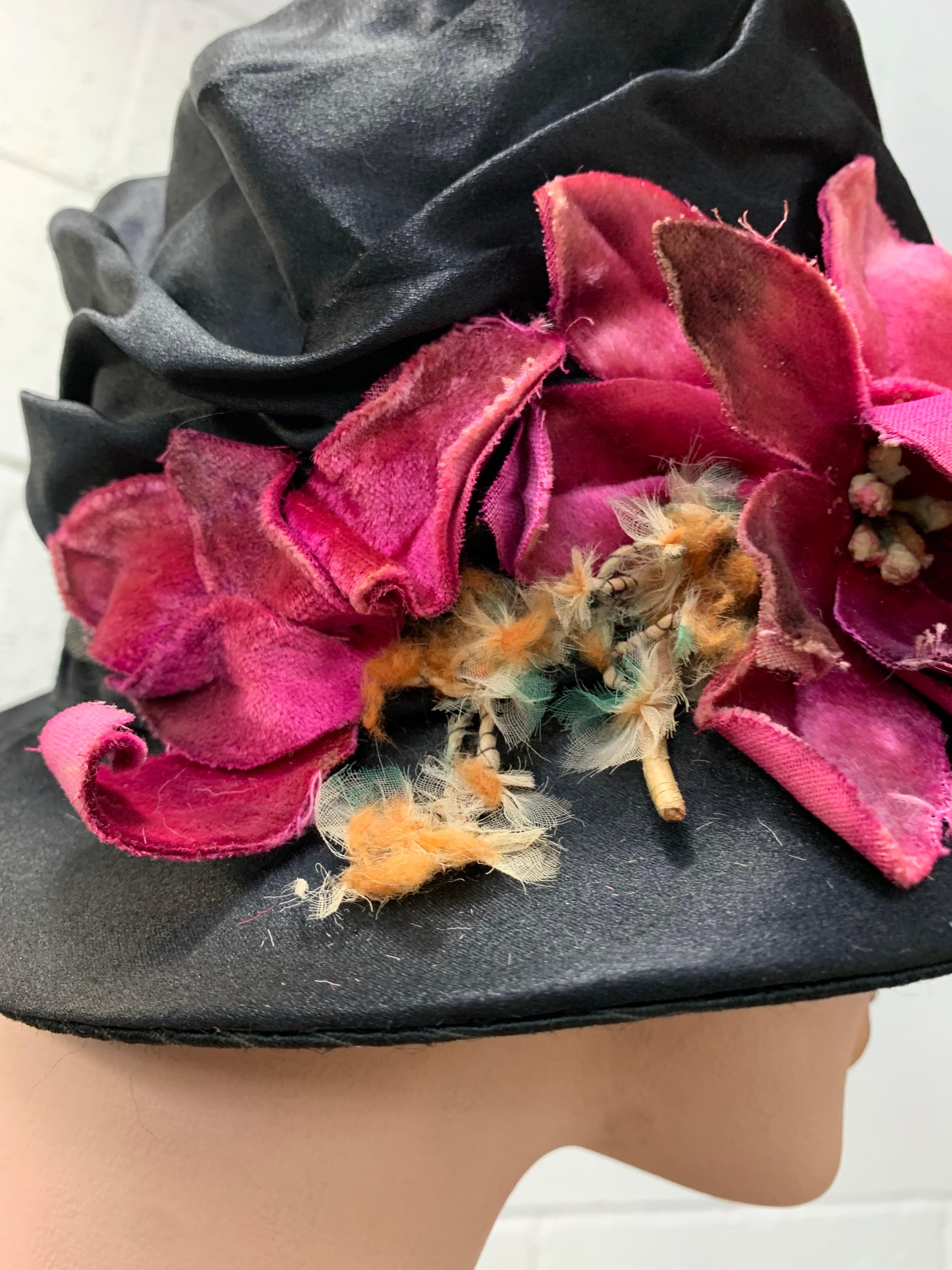 1920 Black Silk Satin Gathered Crown Brimmed Cloche w Magenta Velvet Florals For Sale 9