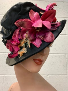 1920 Black Silk Satin Gathered Crown Brimmed Cloche w Magenta Velvet Florals