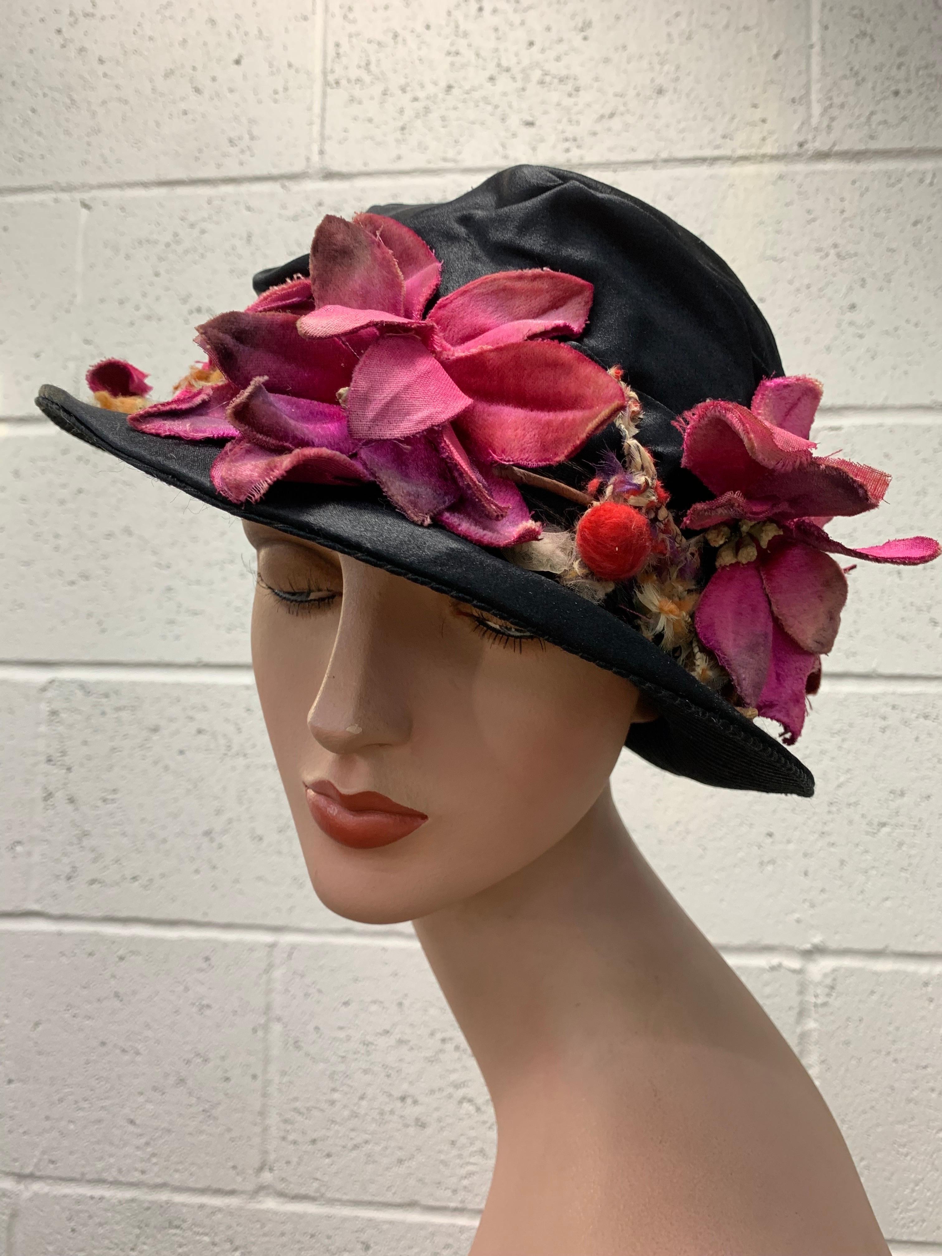 Women's 1920 Black Silk Satin Gathered Crown Brimmed Cloche w Magenta Velvet Florals For Sale