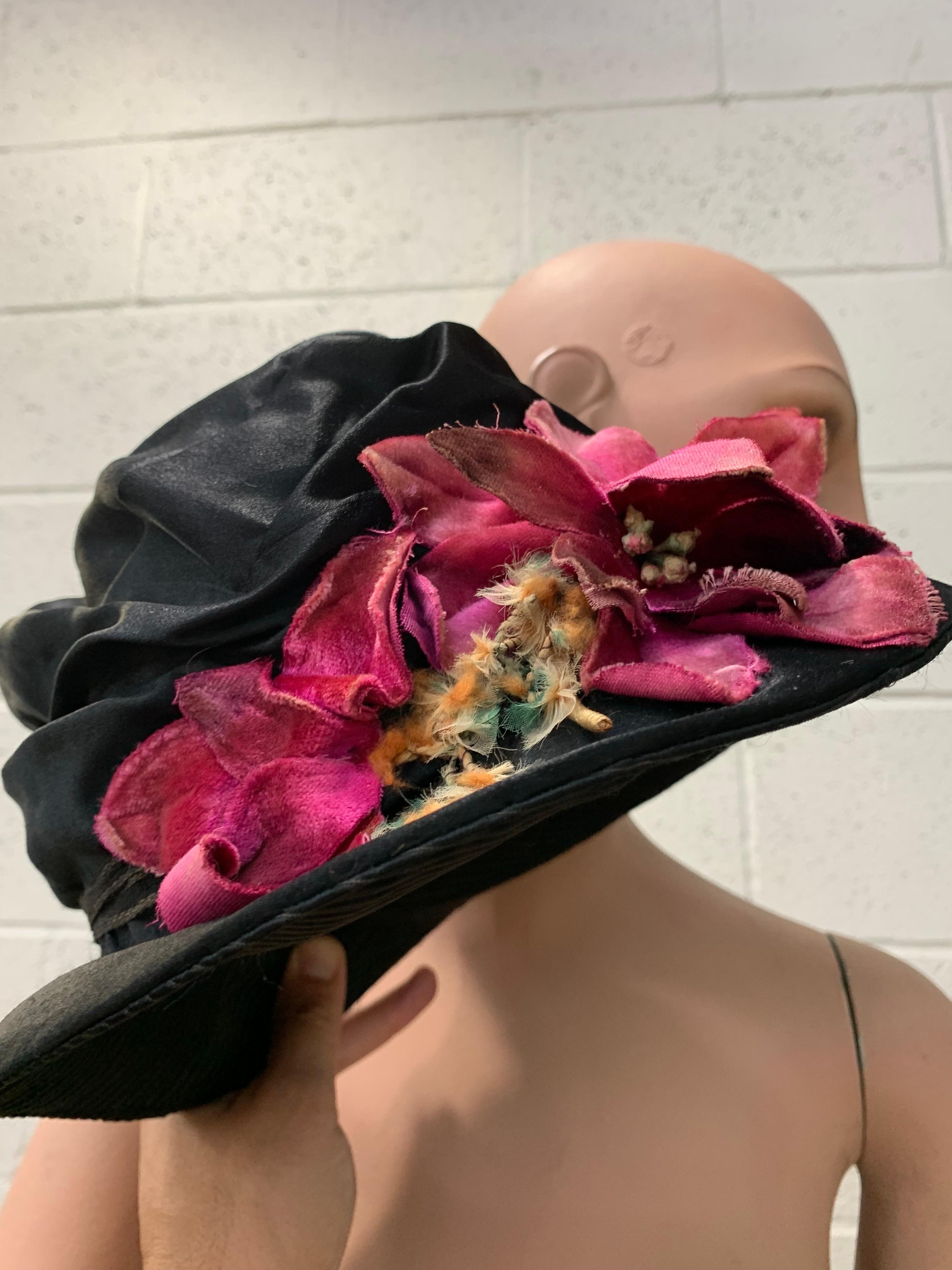 1920 Black Silk Satin Gathered Crown Brimmed Cloche w Magenta Velvet Florals For Sale 4