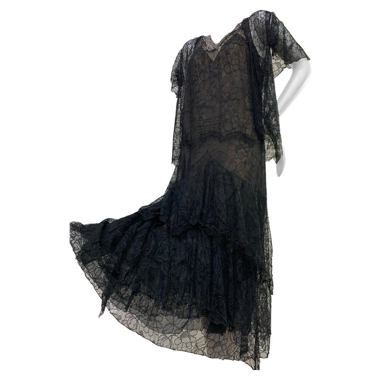 knee length dresses for ladies Unique Vintage 1920s Black Lace & Peach Lining Flutter Sleeve Flapper