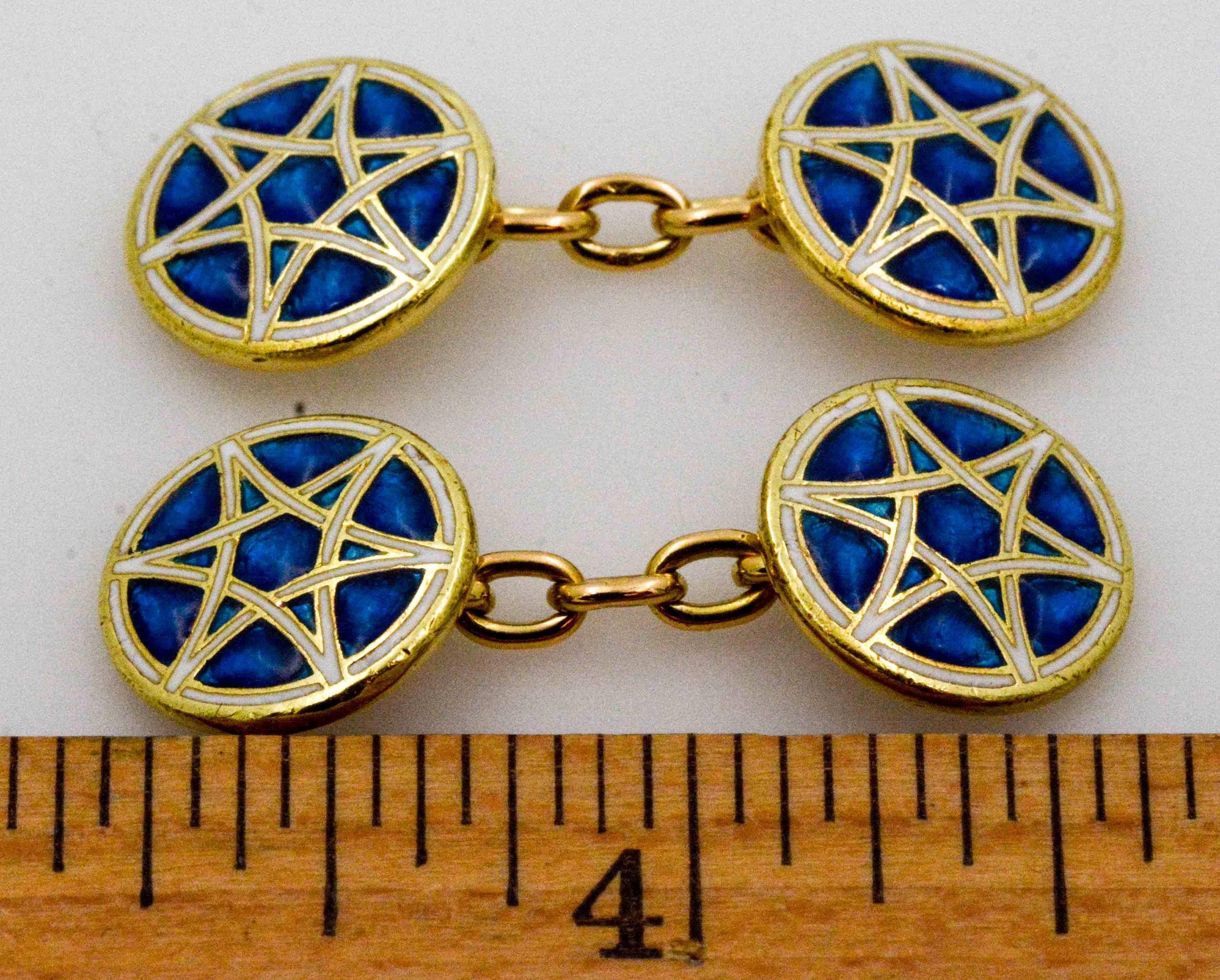 Post-War 1920s Blue Enamel Star of David 18 Karat Yellow Gold Cufflinks 