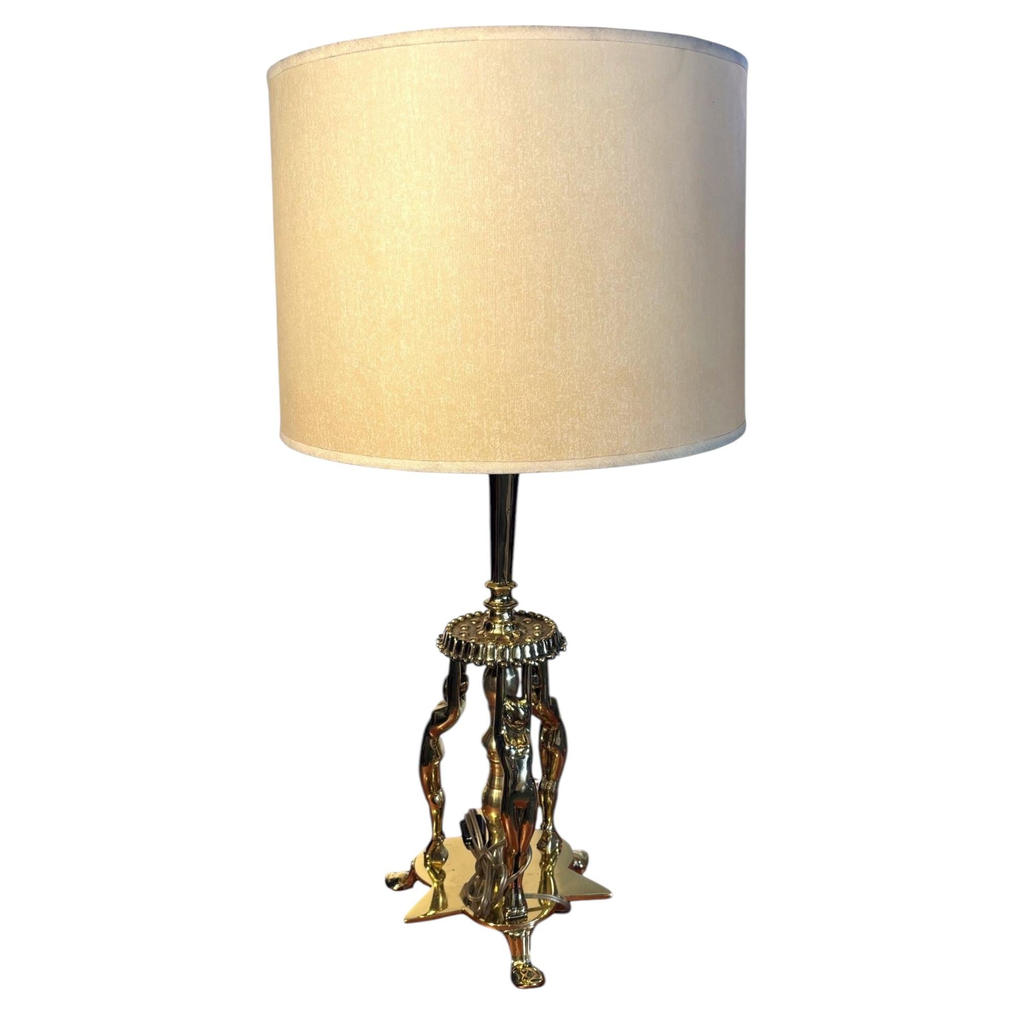 1920 Brass Figural Nude Art Deco Flapper Table Lamp by Frankart w/ Shade For Sale