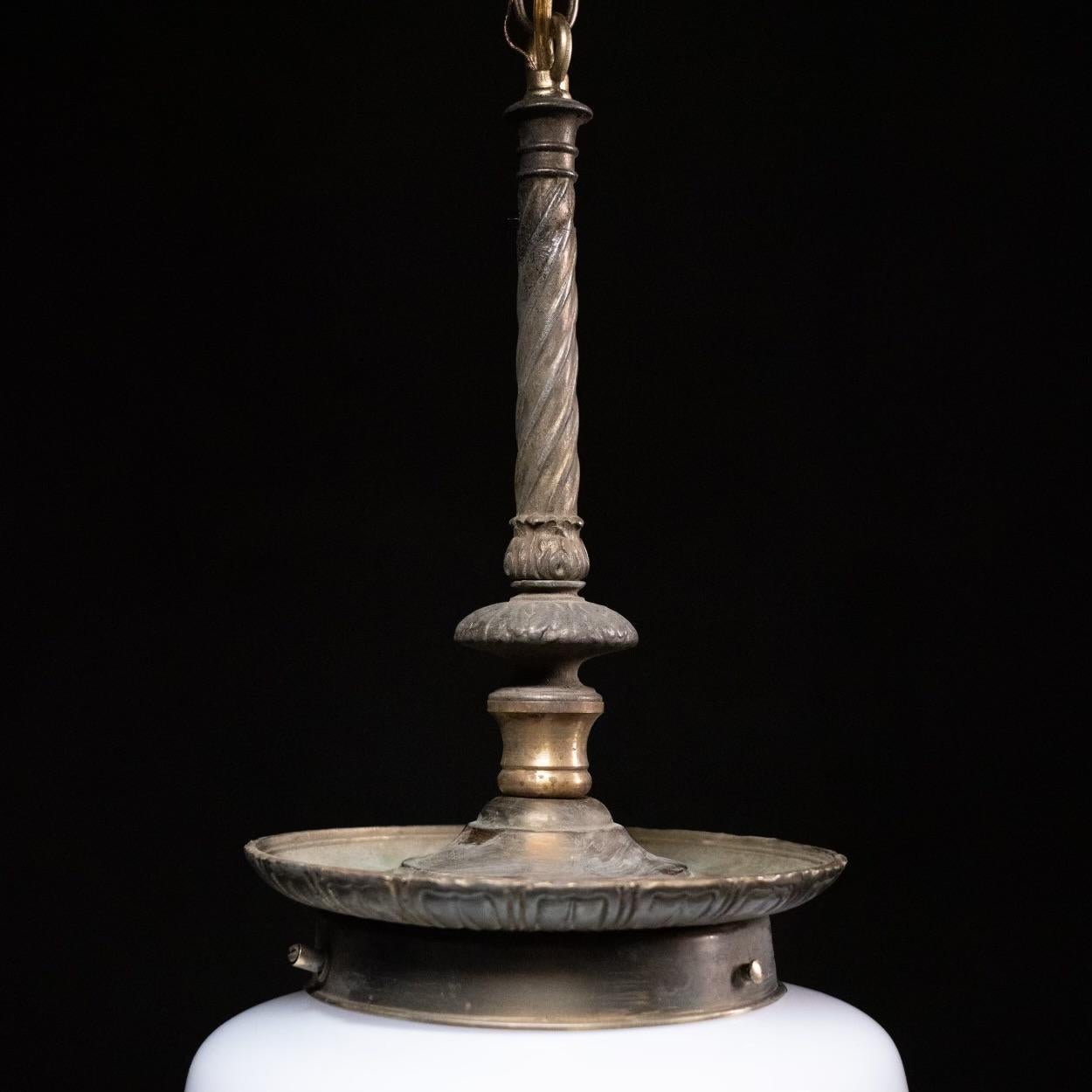 Cast 1920 brass milk glass pendant light For Sale