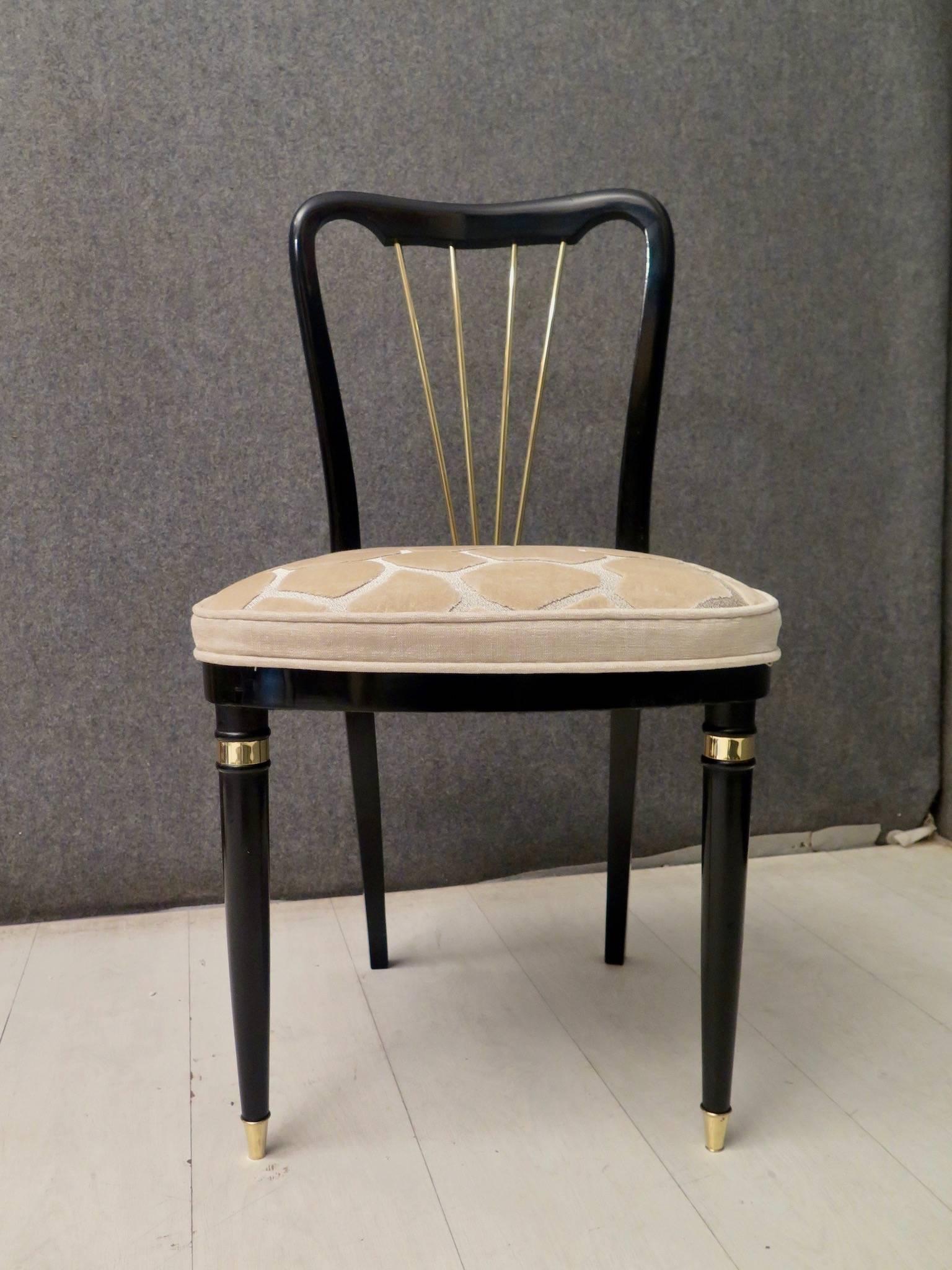 1920 Brass Velvet and Black Wood France Six Dining Chairs 4