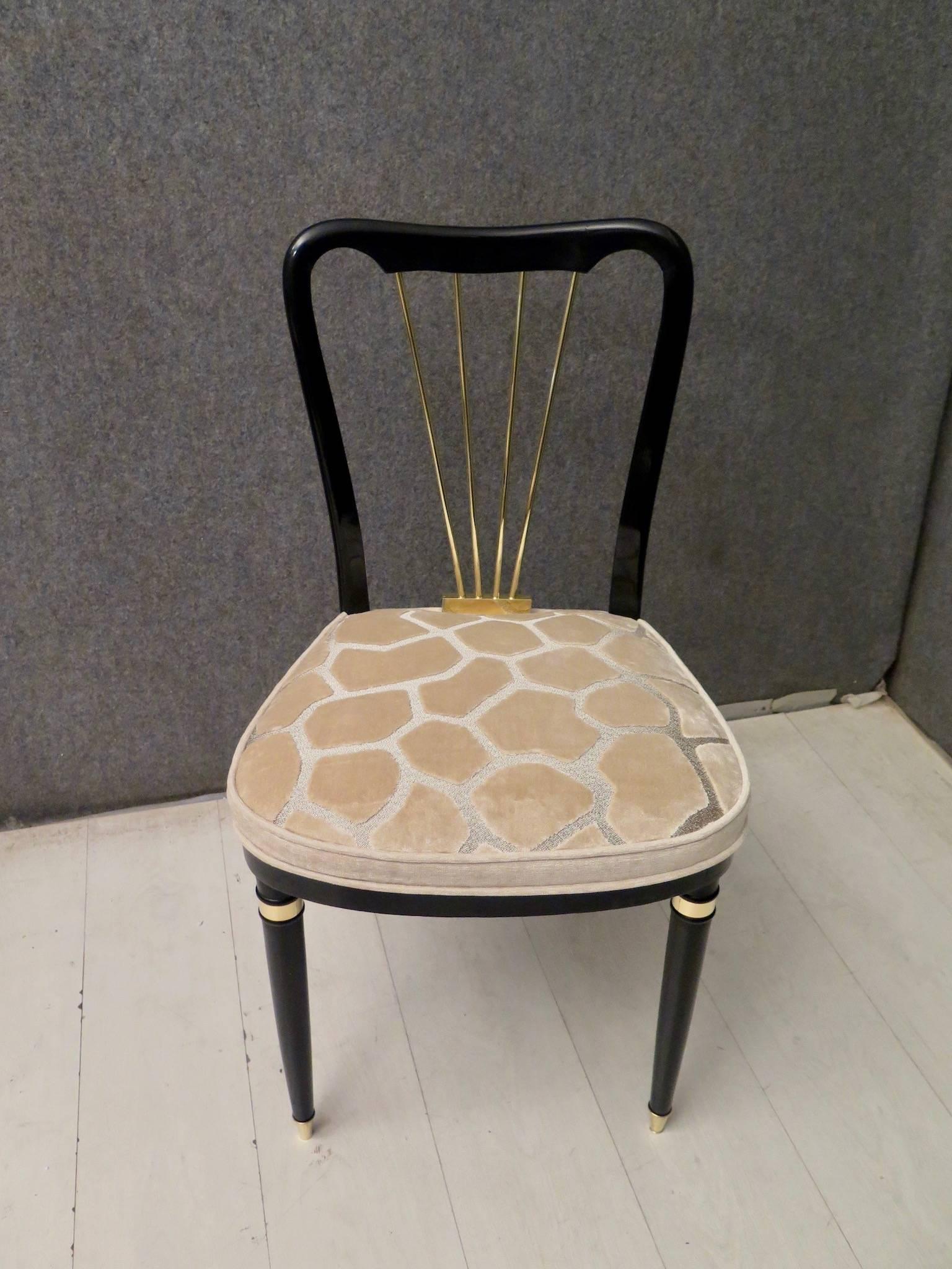 1920 Brass Velvet and Black Wood France Six Dining Chairs 5