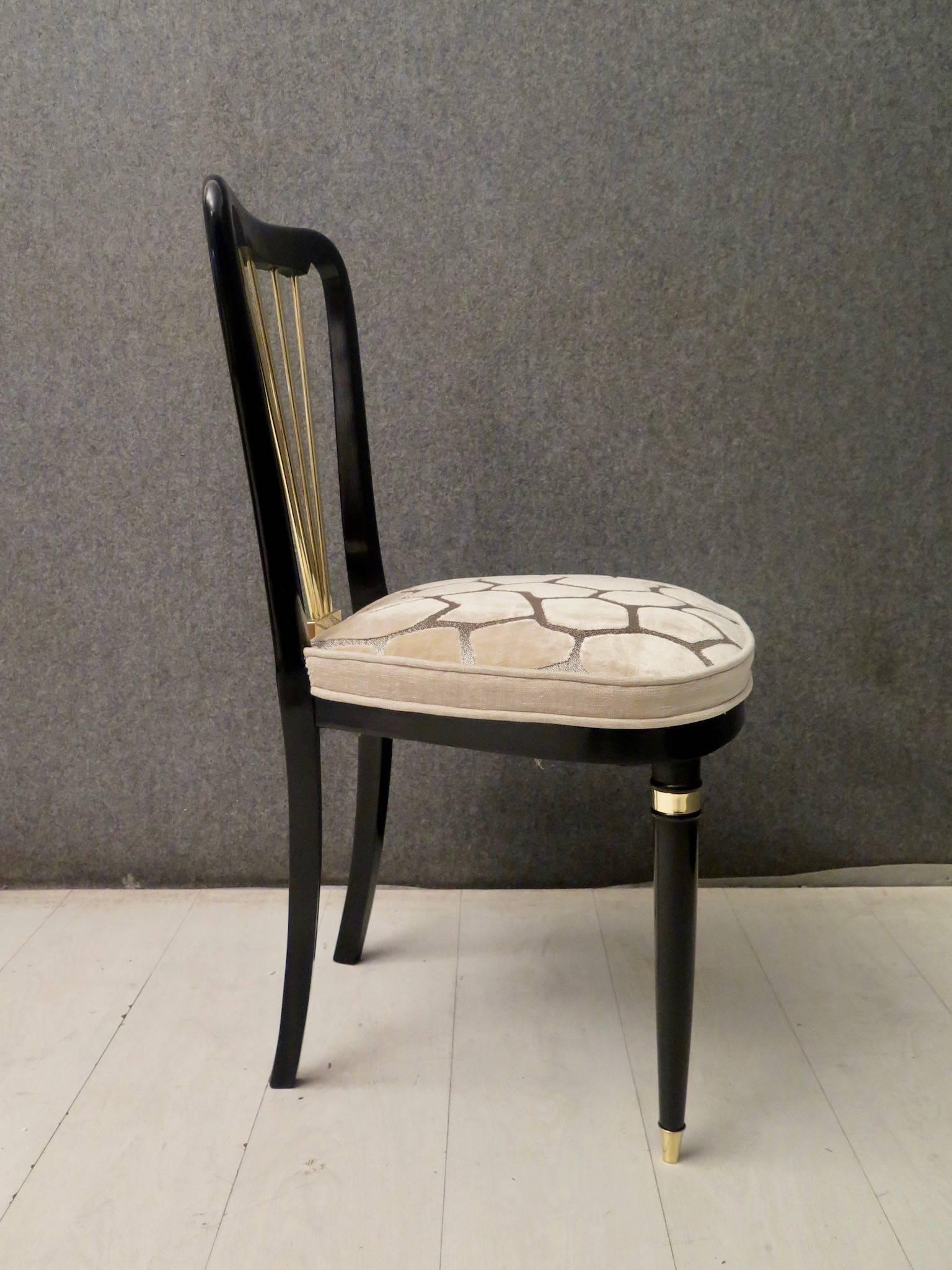 1920 Brass Velvet and Black Wood France Six Dining Chairs 6