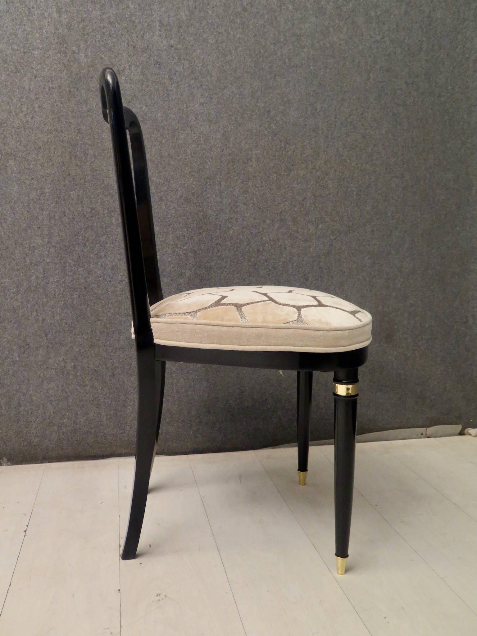 1920 Brass Velvet and Black Wood France Six Dining Chairs 7