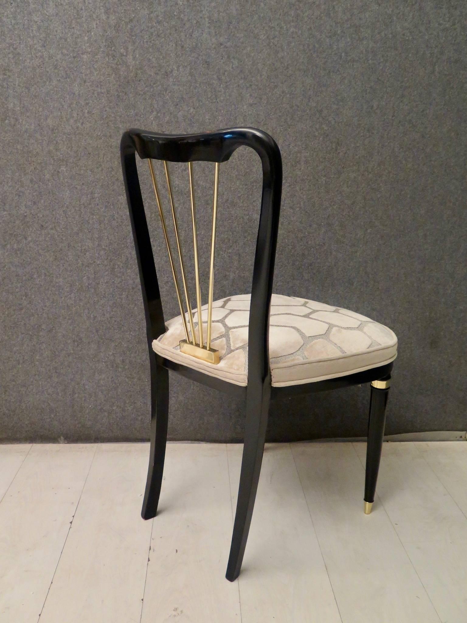 1920 Brass Velvet and Black Wood France Six Dining Chairs 8