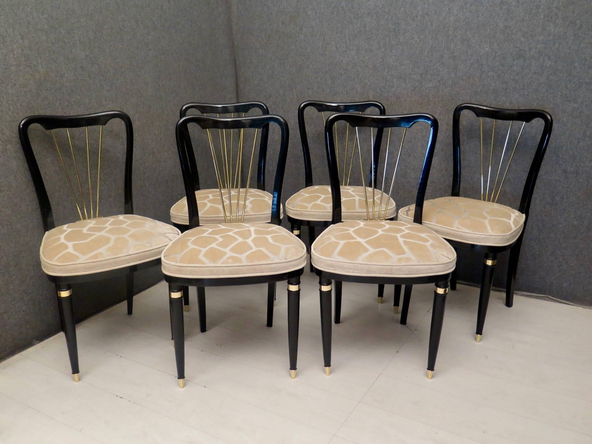 Art Deco 1920 Brass Velvet and Black Wood France Six Dining Chairs