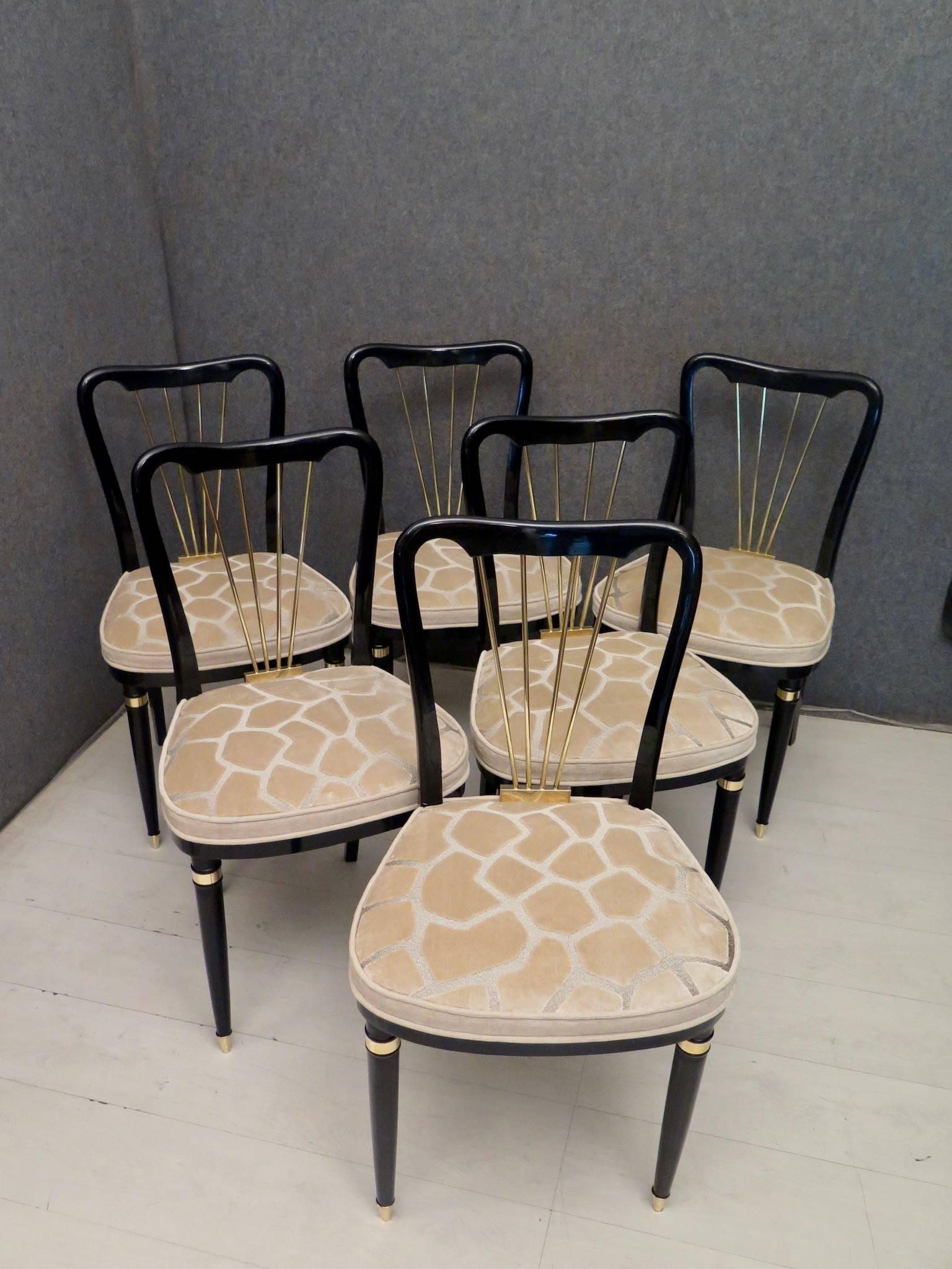 French 1920 Brass Velvet and Black Wood France Six Dining Chairs