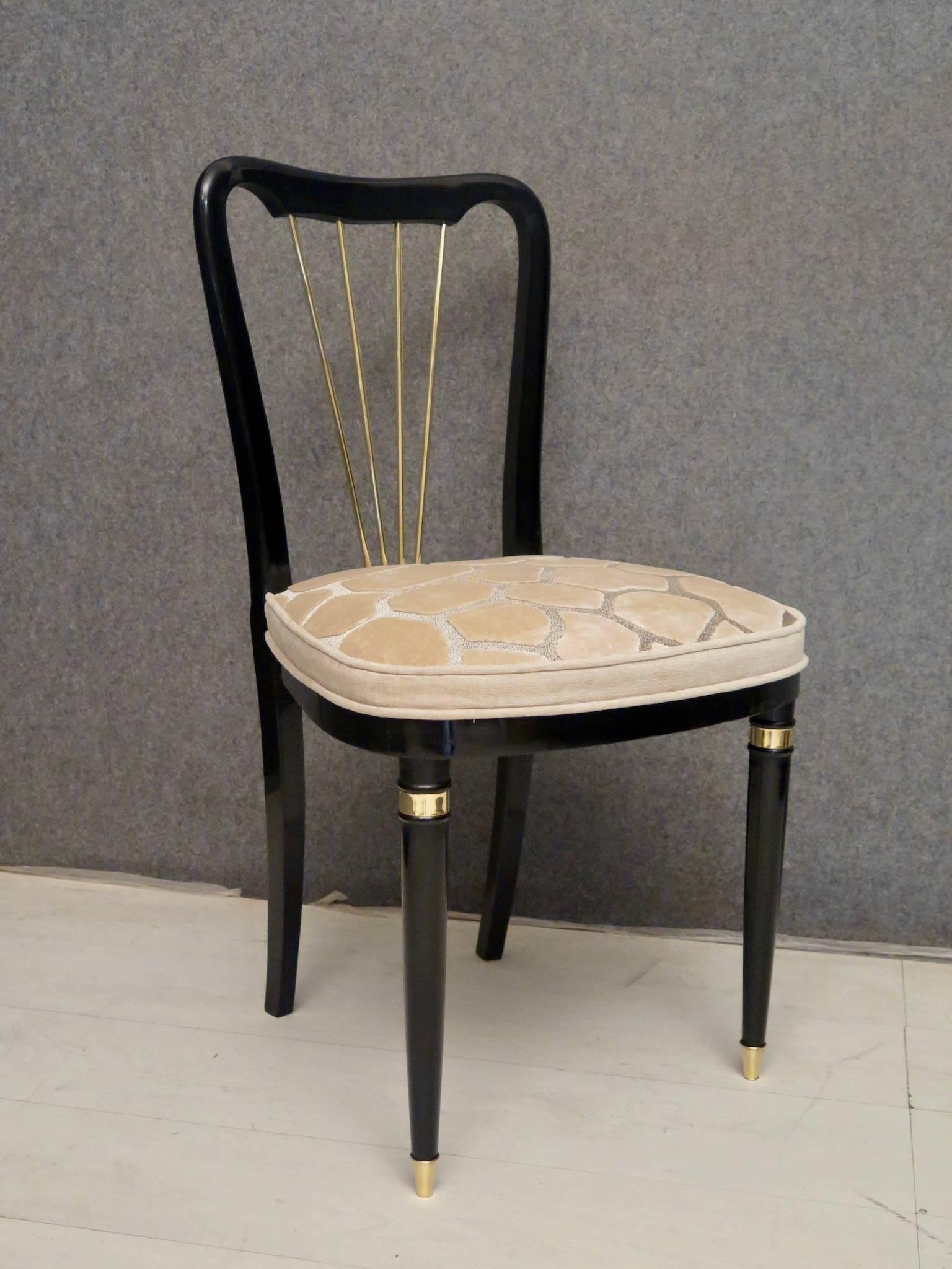 1920 Brass Velvet and Black Wood France Six Dining Chairs In Excellent Condition In Rome, IT