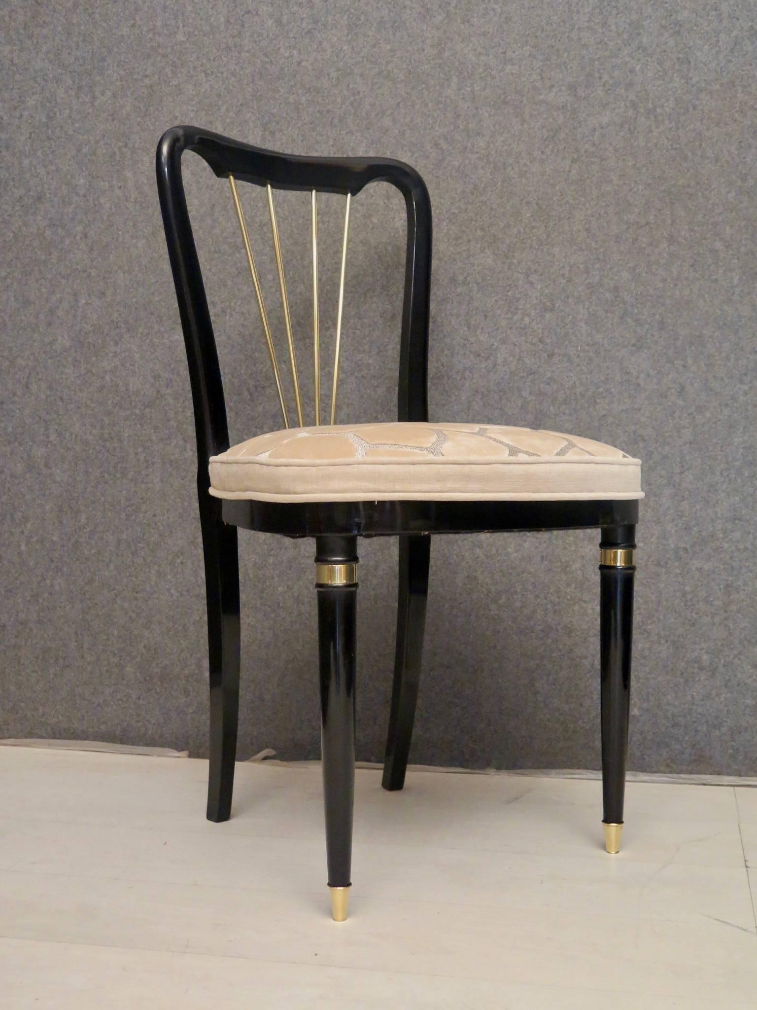 Early 20th Century 1920 Brass Velvet and Black Wood France Six Dining Chairs