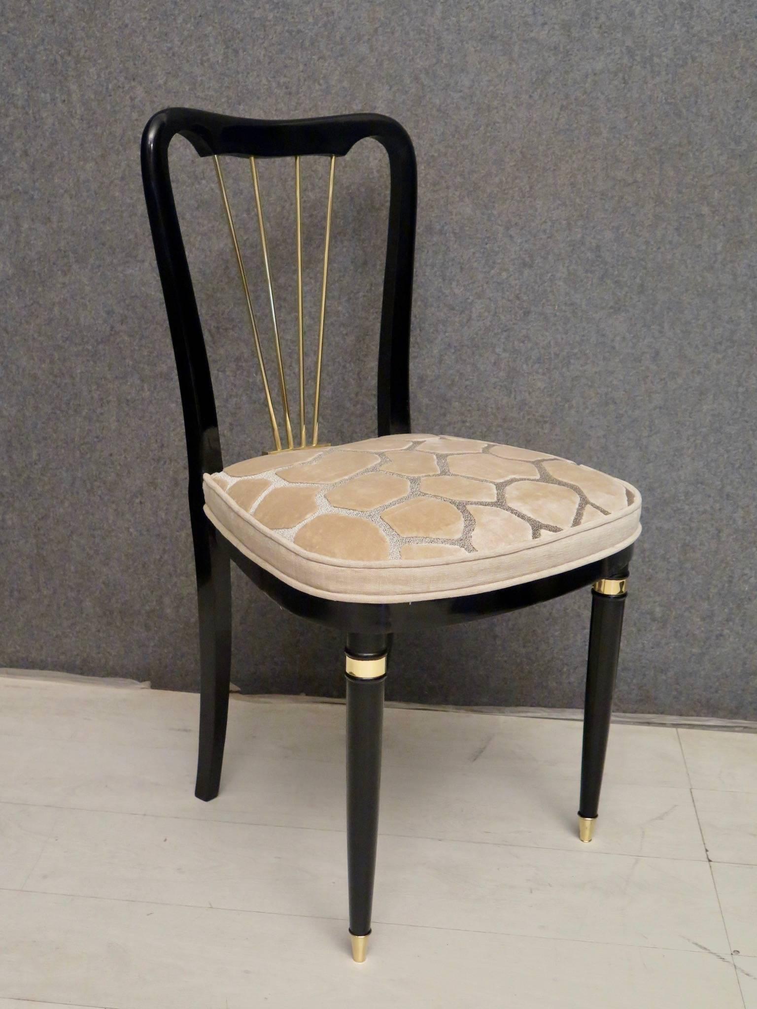 1920 Brass Velvet and Black Wood France Six Dining Chairs 1