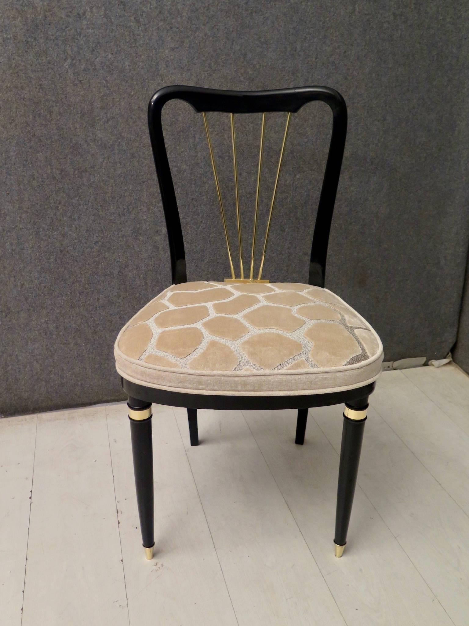 1920 Brass Velvet and Black Wood France Six Dining Chairs 2