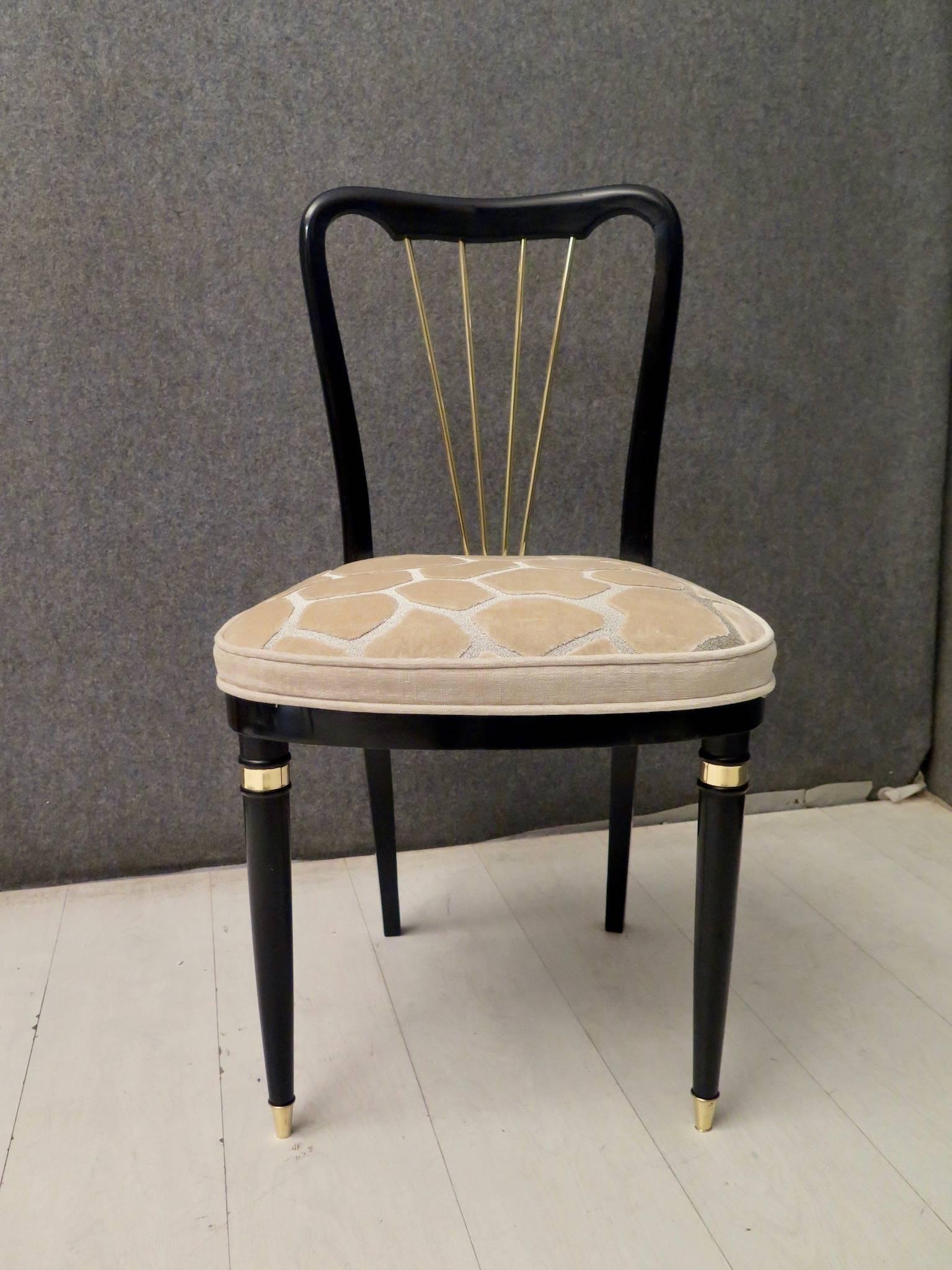 1920 Brass Velvet and Black Wood France Six Dining Chairs 3