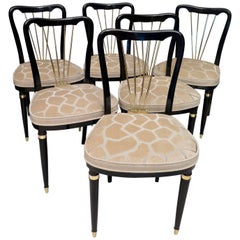 1920 Brass Velvet and Black Wood France Six Dining Chairs