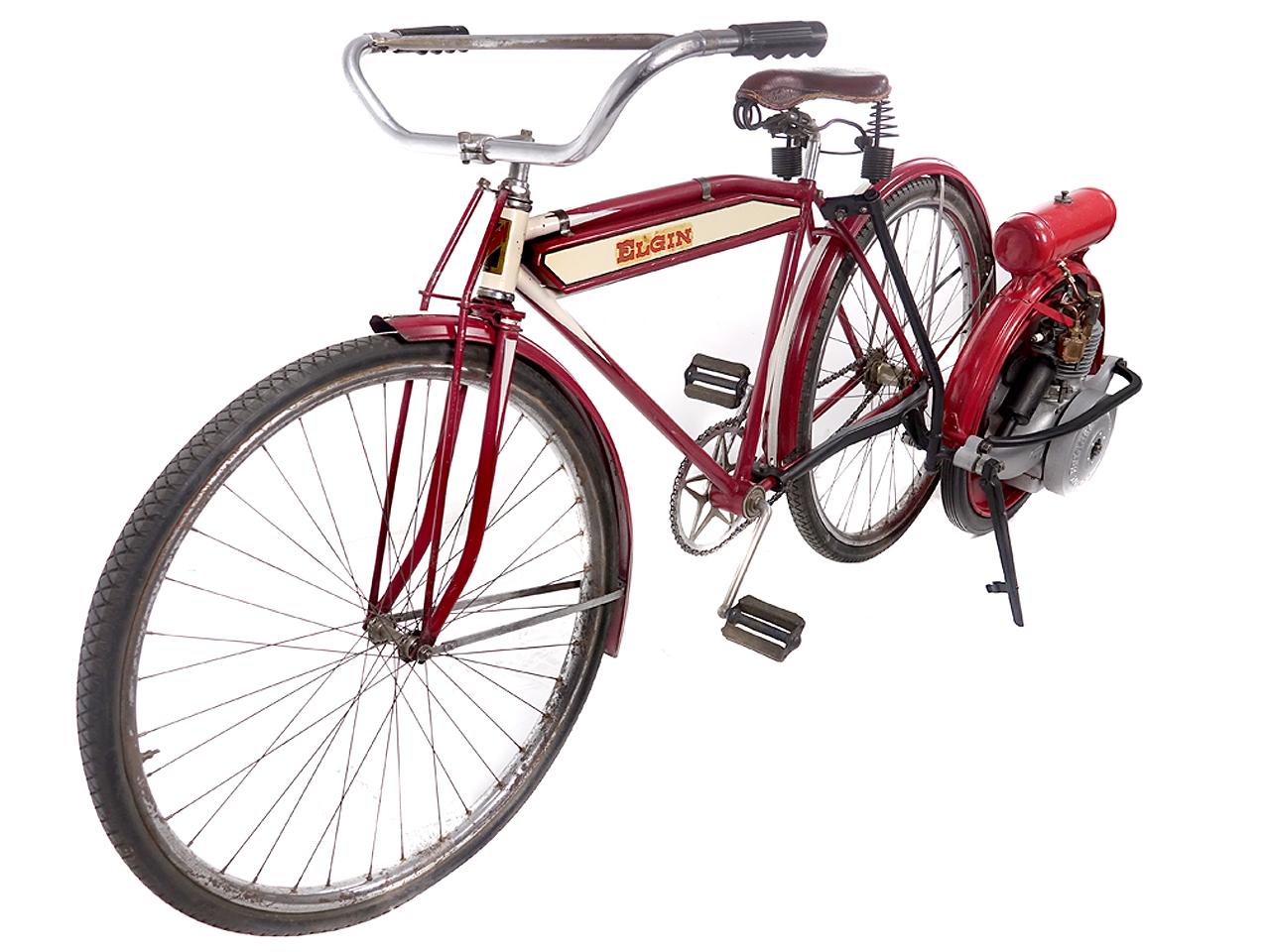 The Elgin brand was one of America’s most prestigious, and Elgin bicycles were sold exclusively through Sears & Roebuck catalogues and stores. This 1930 Elgin Cardinal is a classic of its era. This wonderful machine, with its flat side tank (which