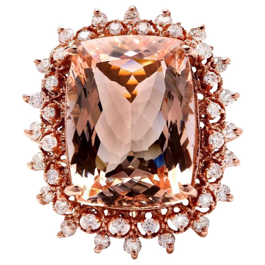 19.20 Carat Exquisite Natural Peach Morganite and Diamond 14 Karat Solid Gold R For Sale