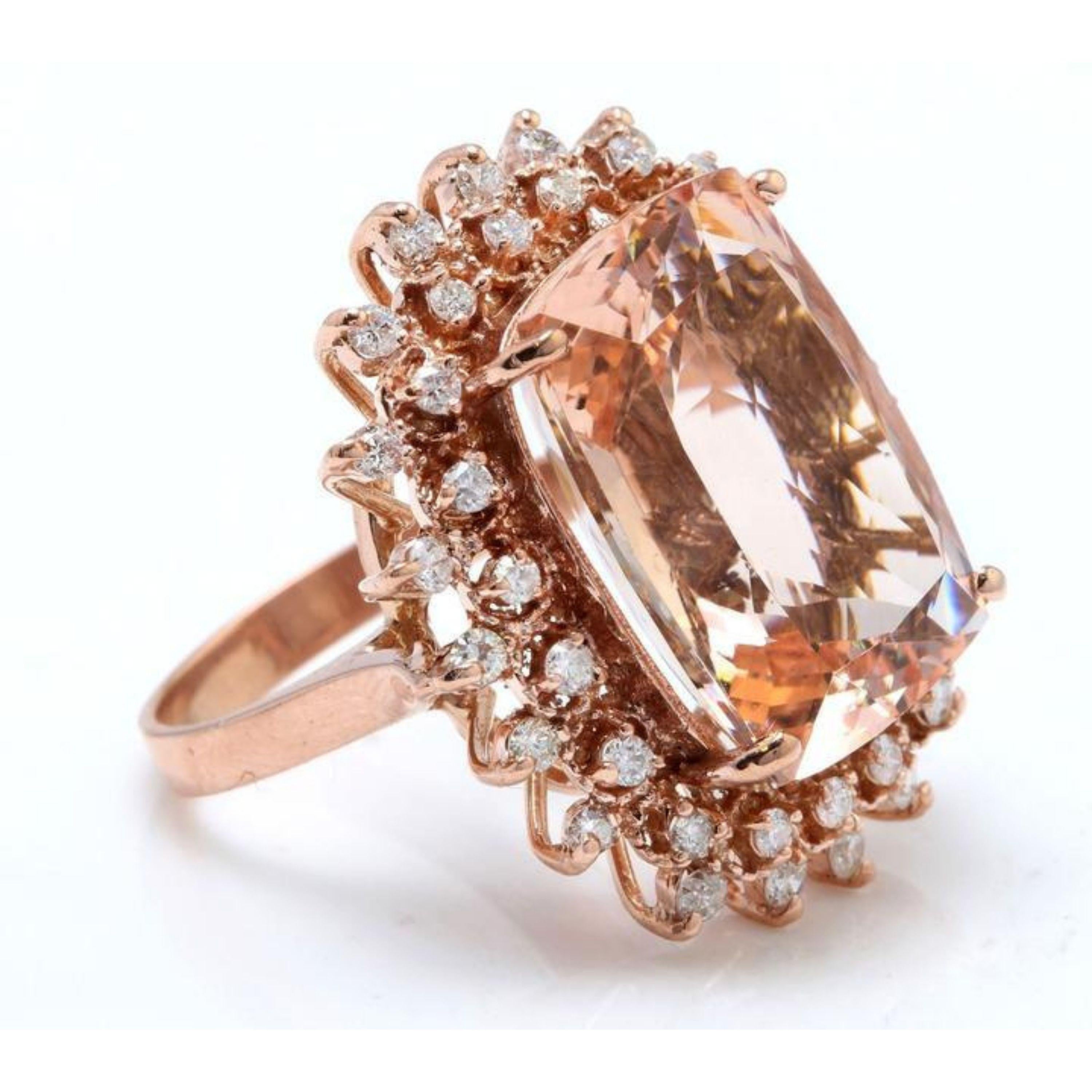 19.20 Carats Exquisite Natural Peach Morganite and Diamond 14K Solid Rose Gold Ring

Total Natural Morganite Weight: 18.00 Carats

Morganite Measures: 18.88 x 14.00mm

Head of the ring measures: 28.11 x 24.15mm

Natural Round Diamonds Weight: 1.20