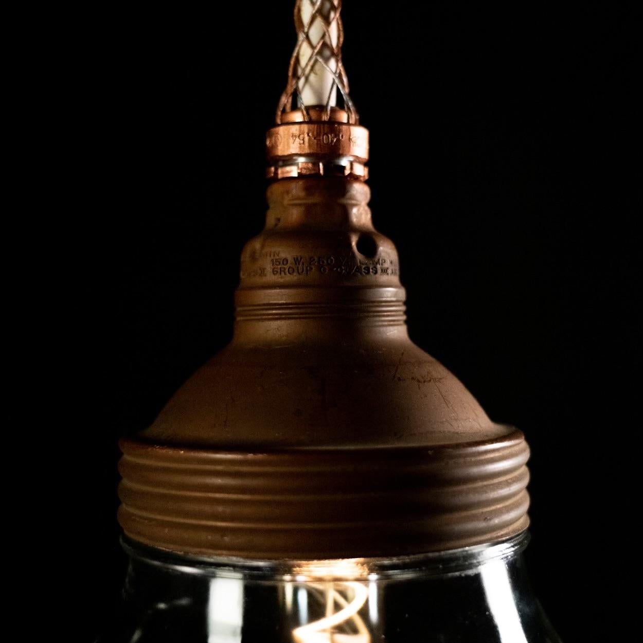 American 1920 copper benjamin industrial  Glass globe Pendant light For Sale