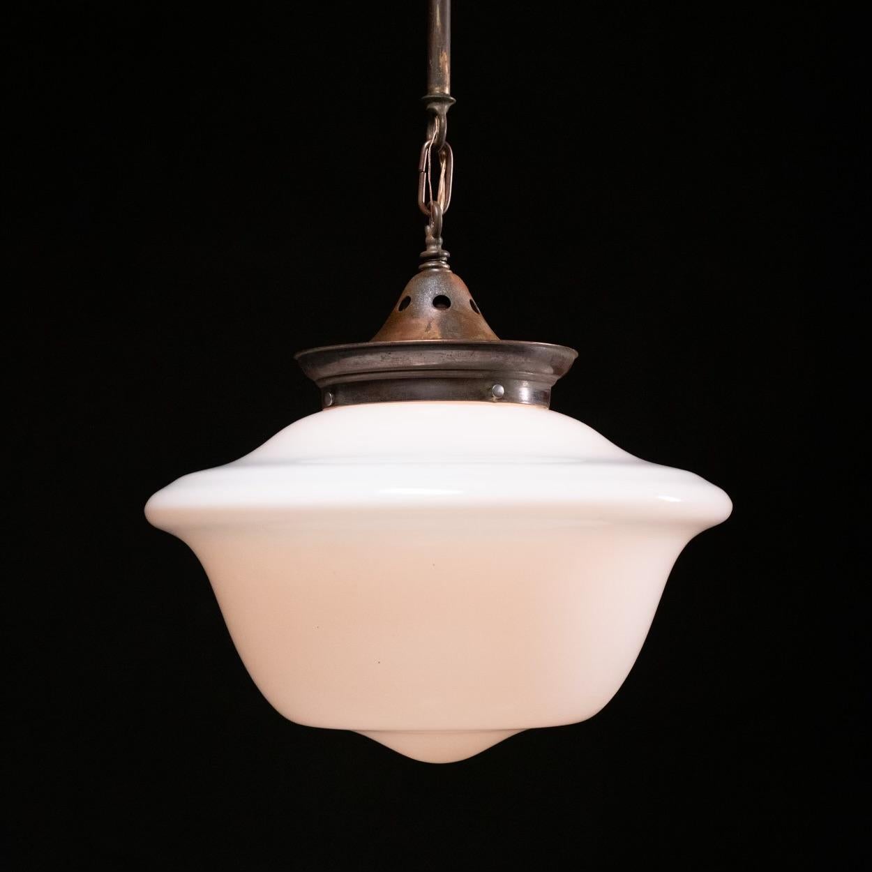 1920 copper milk glass schoolhouse pendant light In Good Condition For Sale In Surrey, BC