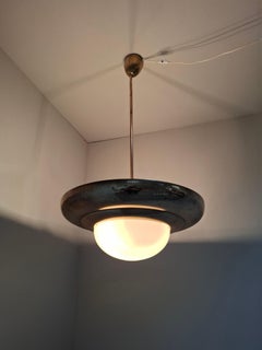 1920 Czechoslovak Art Deco Brass and Opaline Glass Pendant Lamp, Napako 13443