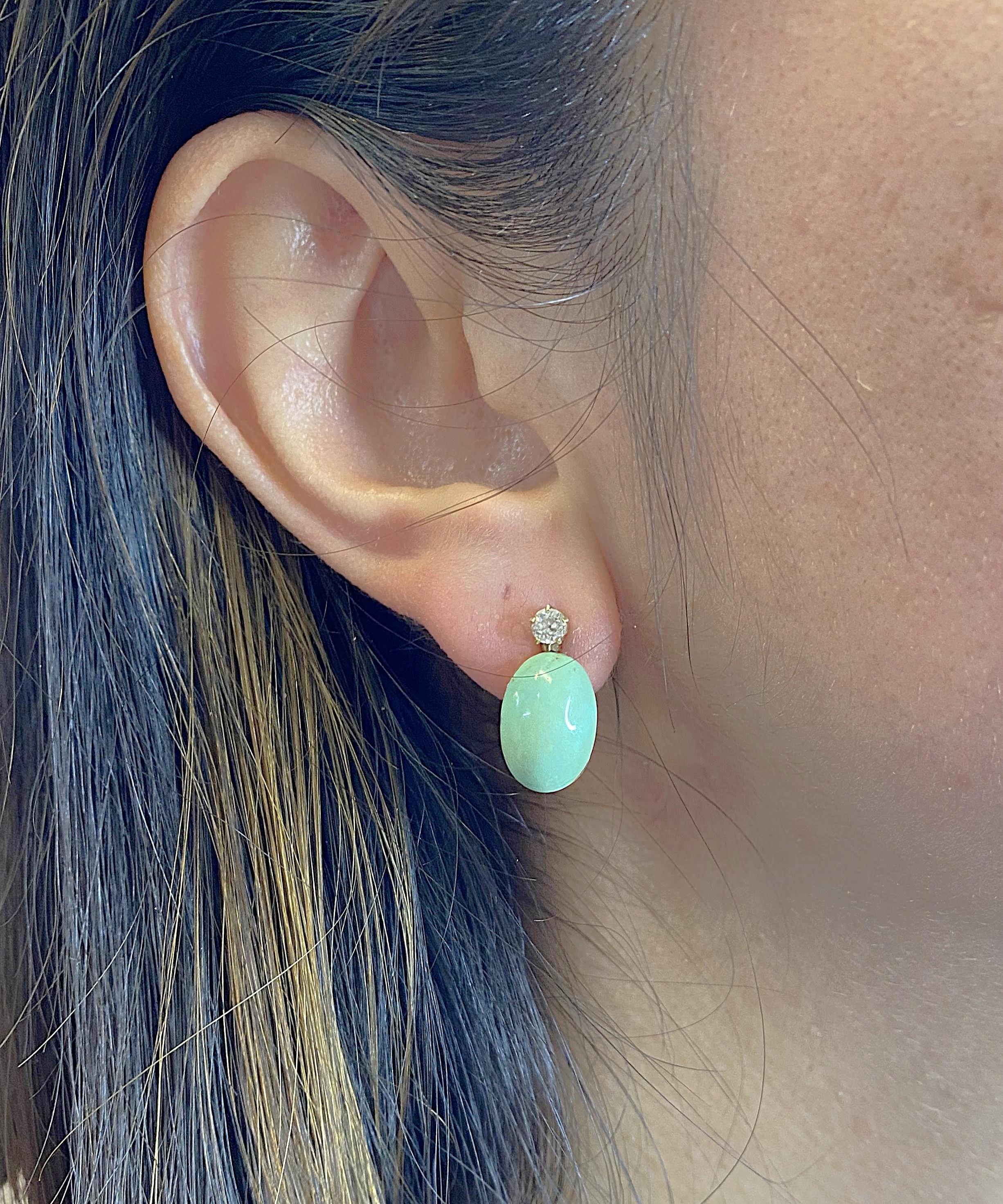Introducing a stunning pair of 18kt yellow gold earrings, designed to make a statement with their vibrant colors and exquisite craftsmanship. Each earring features a beautiful cabochon turquoise, weighing approximately 5.0 carats, which showcases a