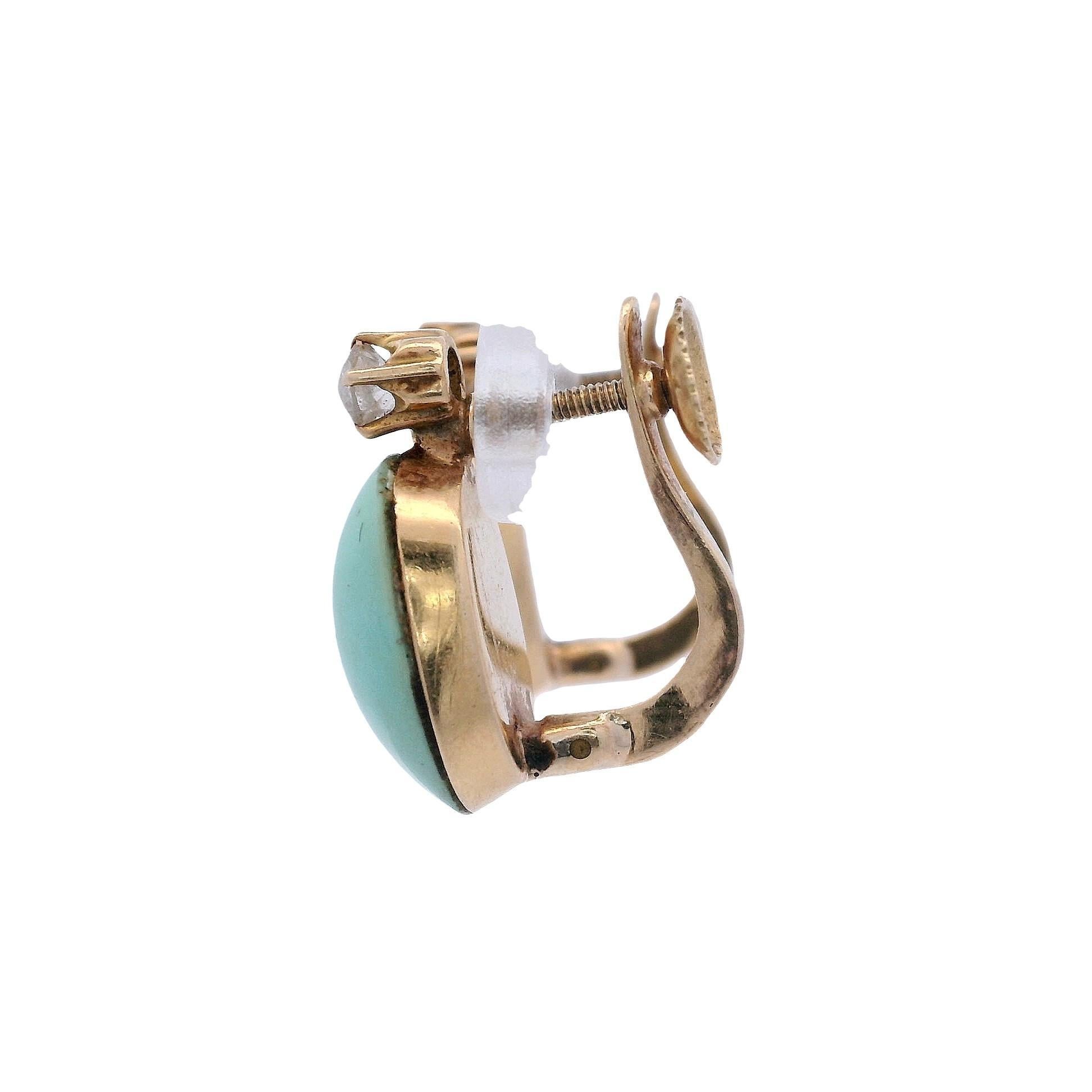 Cabochon 1920 Deco 18kt yellow Gold Earrings with Diamonds and Turquoises For Sale