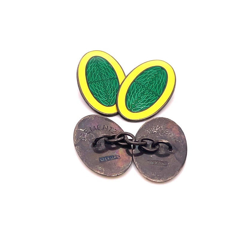 1920 Deco Signed Krementz Silver Yellow and Green Enameled Cufflinks In Excellent Condition For Sale In Lexington, KY