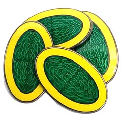 Boutons de manchette Art déco en argent émaillé jaune et vert signés Krementz, 1920