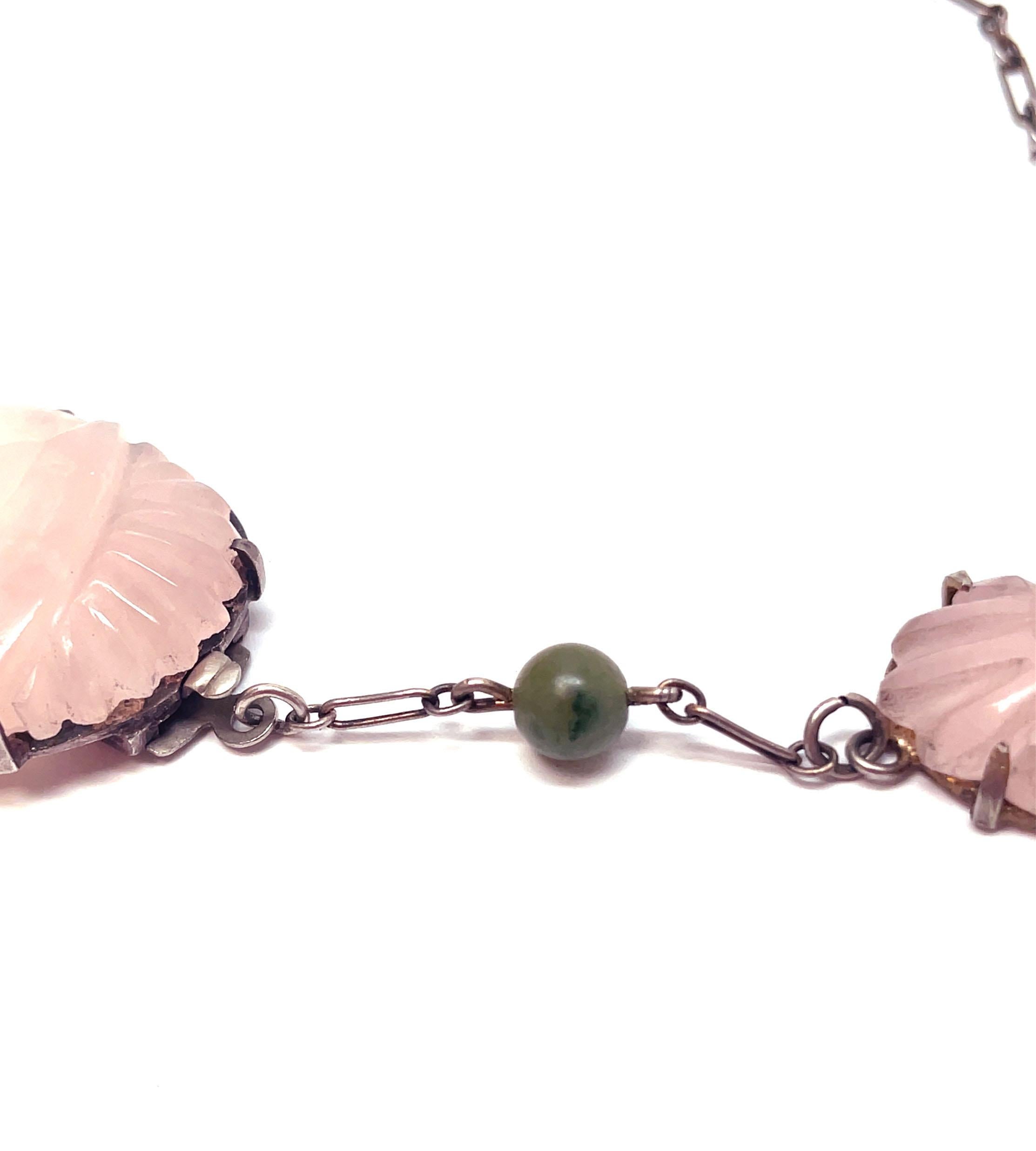 1920, Deco Sterling Silver Hand Carved Rose Quartz and Jade Bead Necklace 4