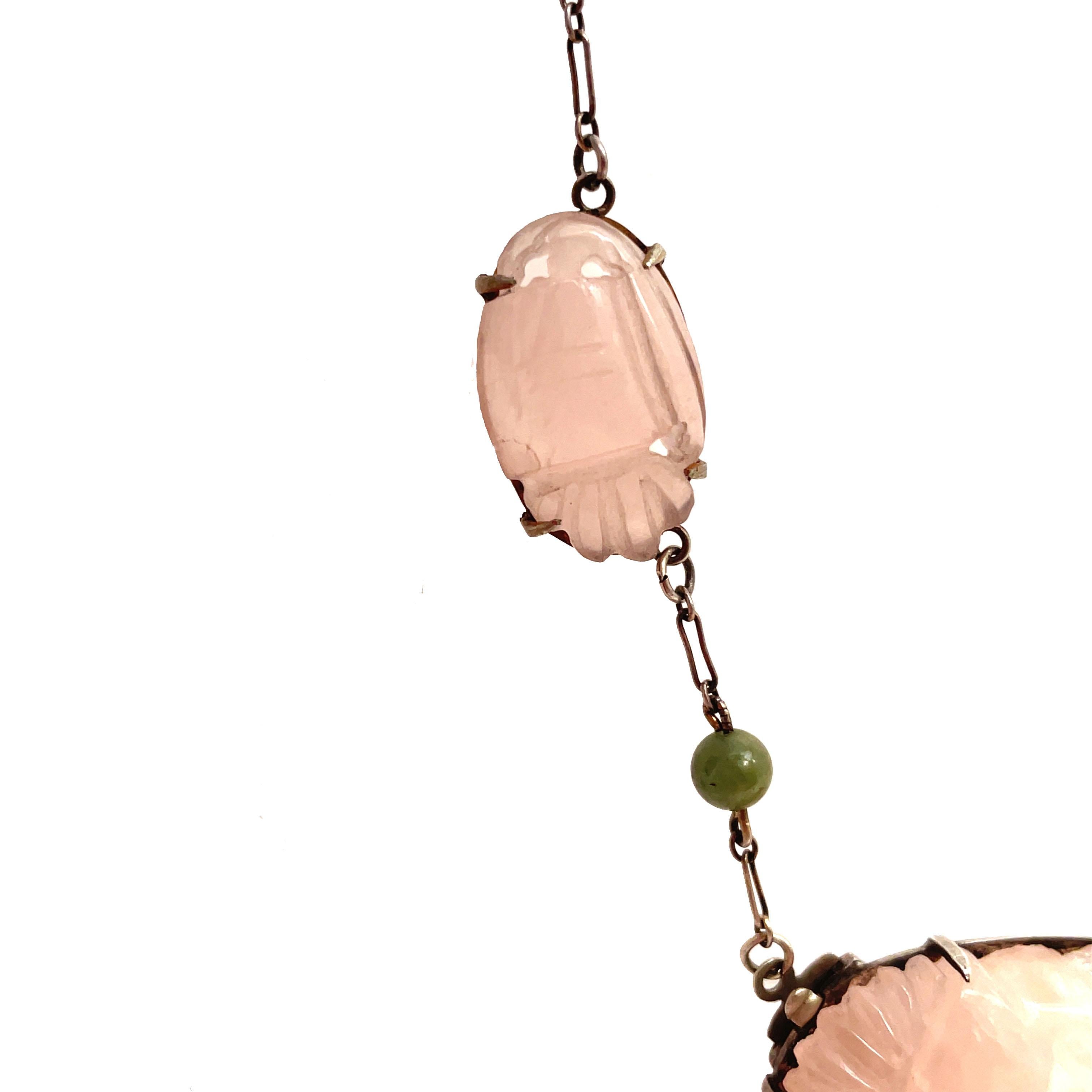 Art Deco 1920, Deco Sterling Silver Hand Carved Rose Quartz and Jade Bead Necklace