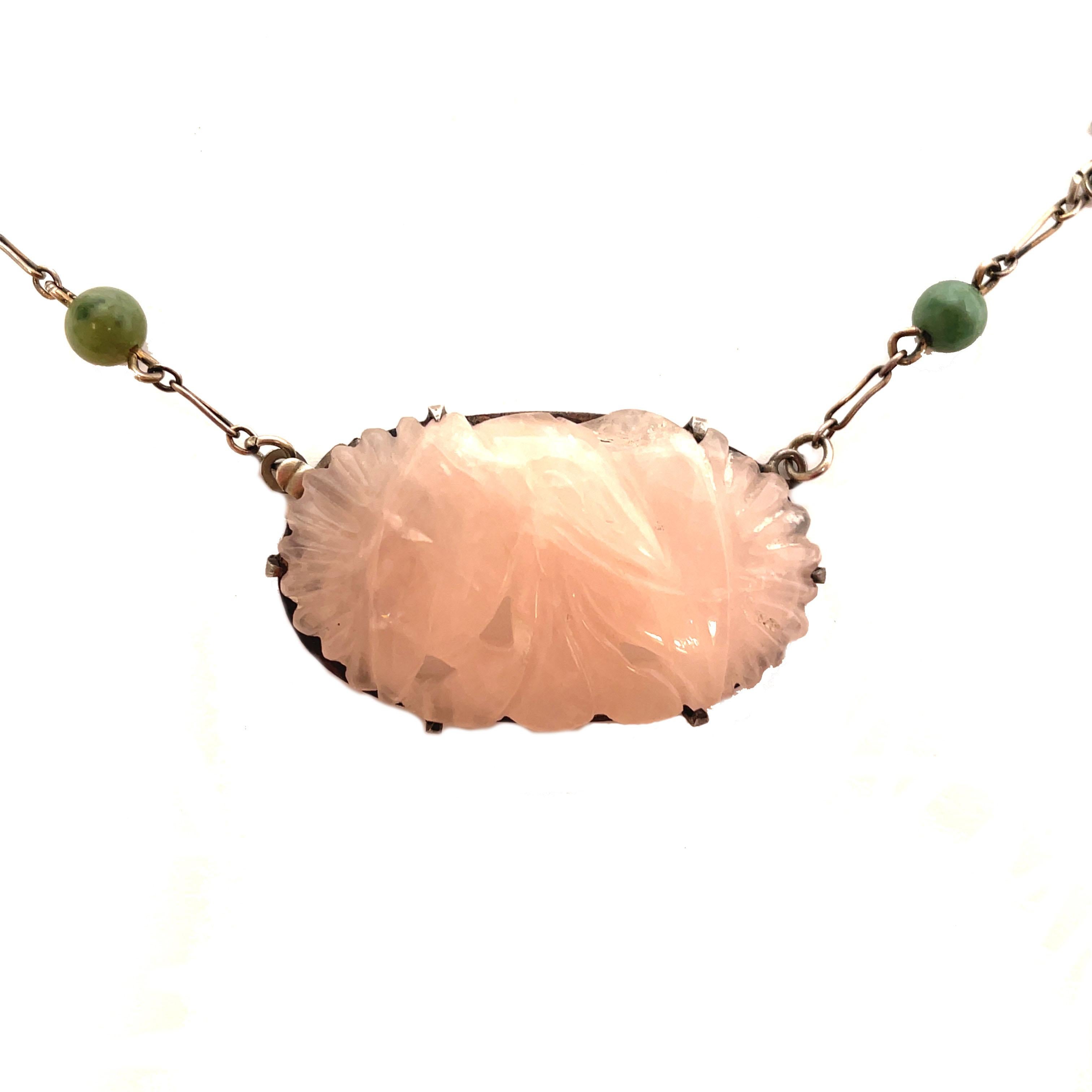 Uncut 1920, Deco Sterling Silver Hand Carved Rose Quartz and Jade Bead Necklace