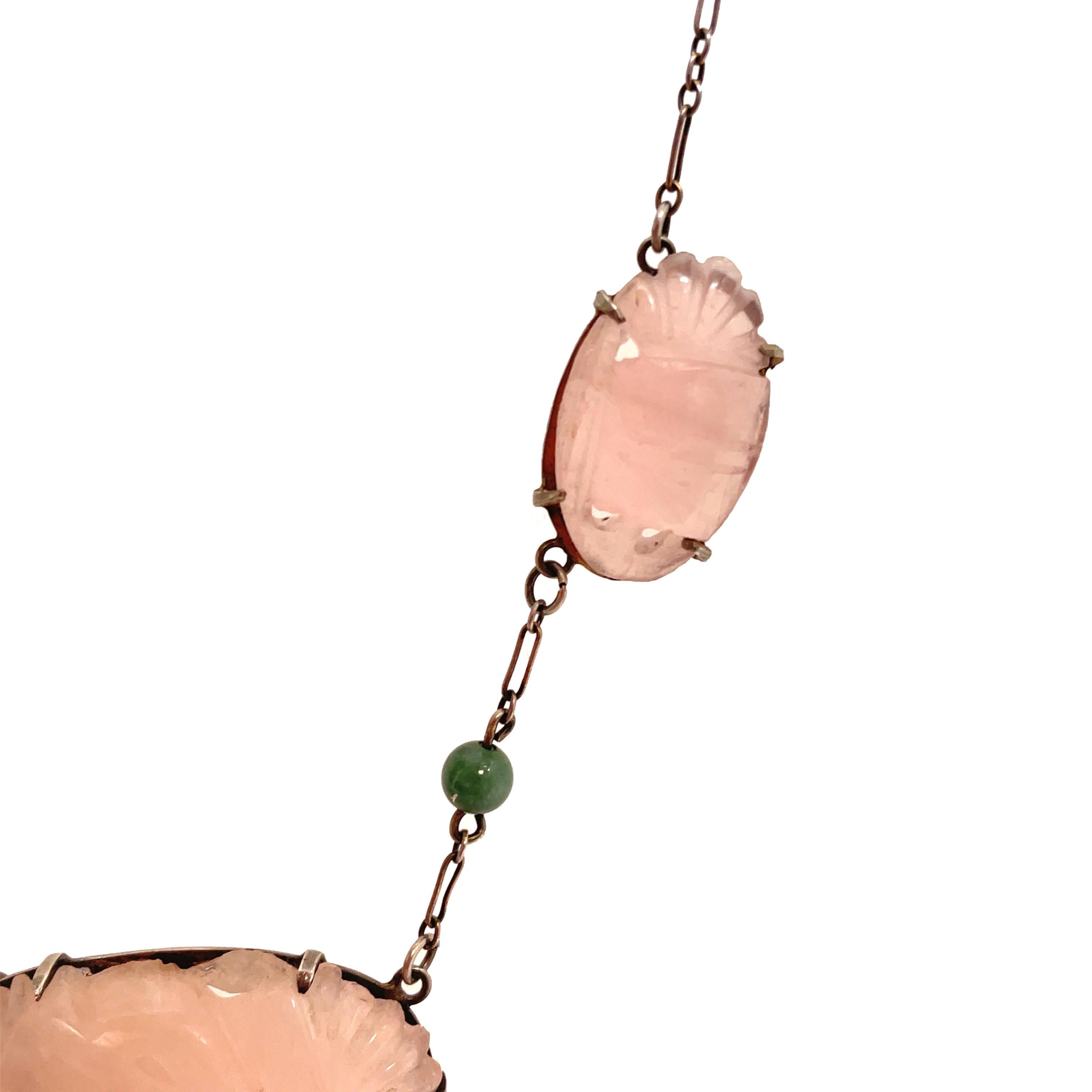 1920, Deco Sterling Silver Hand Carved Rose Quartz and Jade Bead Necklace In Good Condition In Lexington, KY