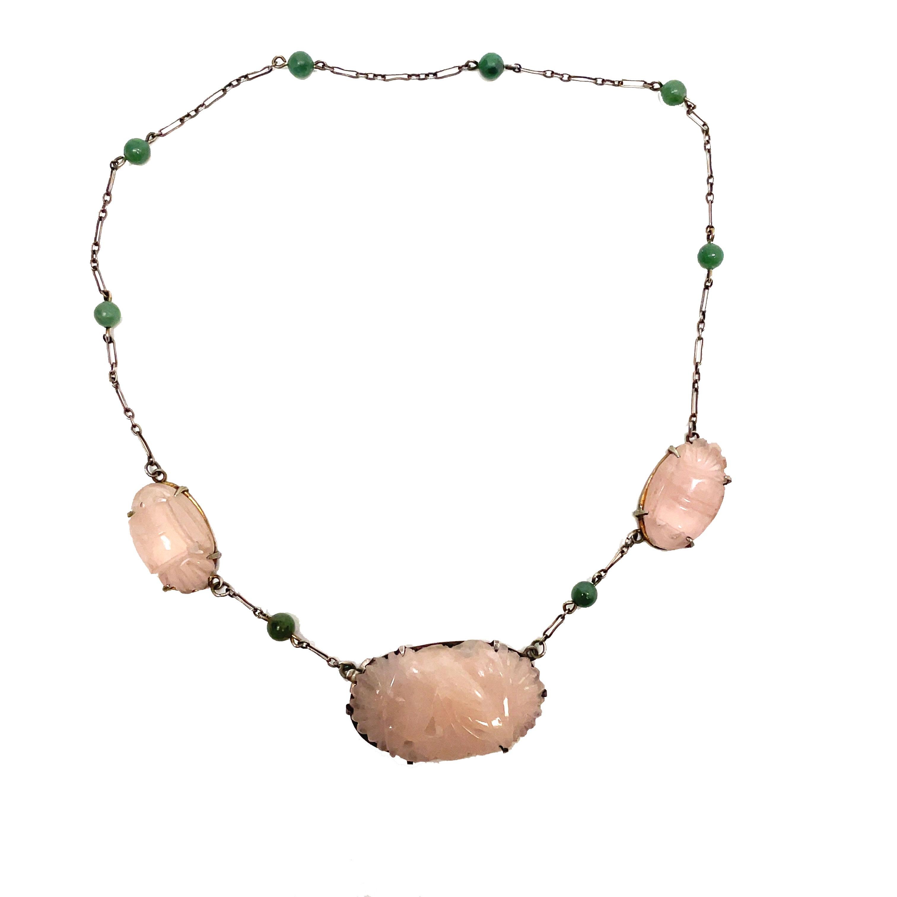 Women's 1920, Deco Sterling Silver Hand Carved Rose Quartz and Jade Bead Necklace