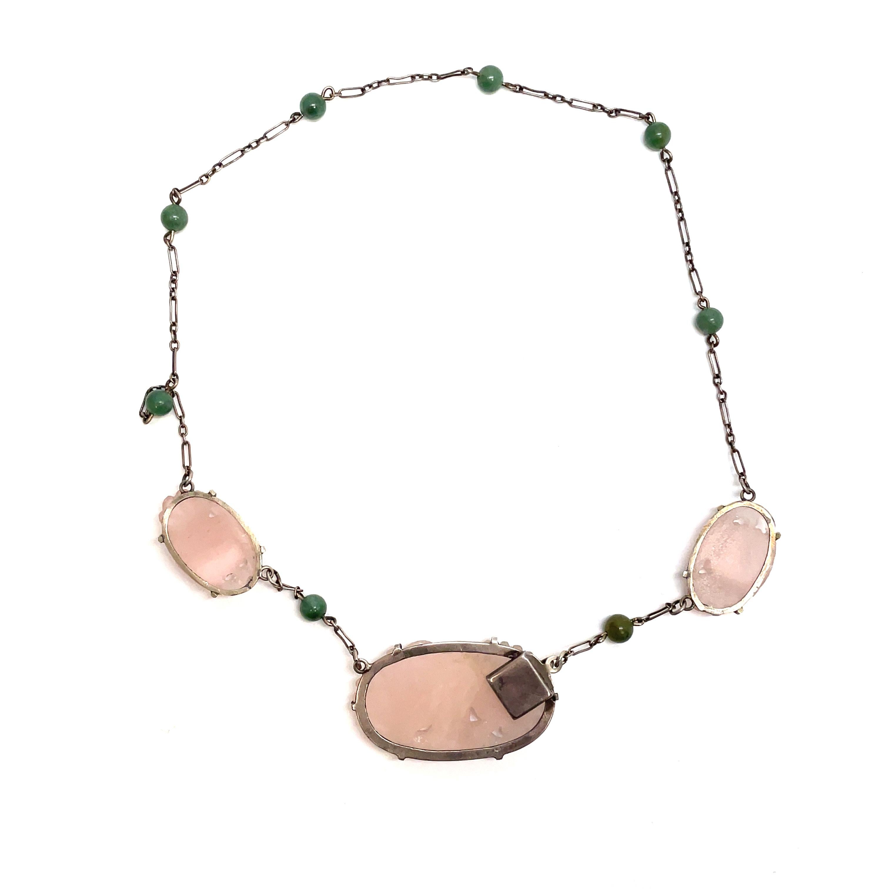 1920, Deco Sterling Silver Hand Carved Rose Quartz and Jade Bead Necklace 1