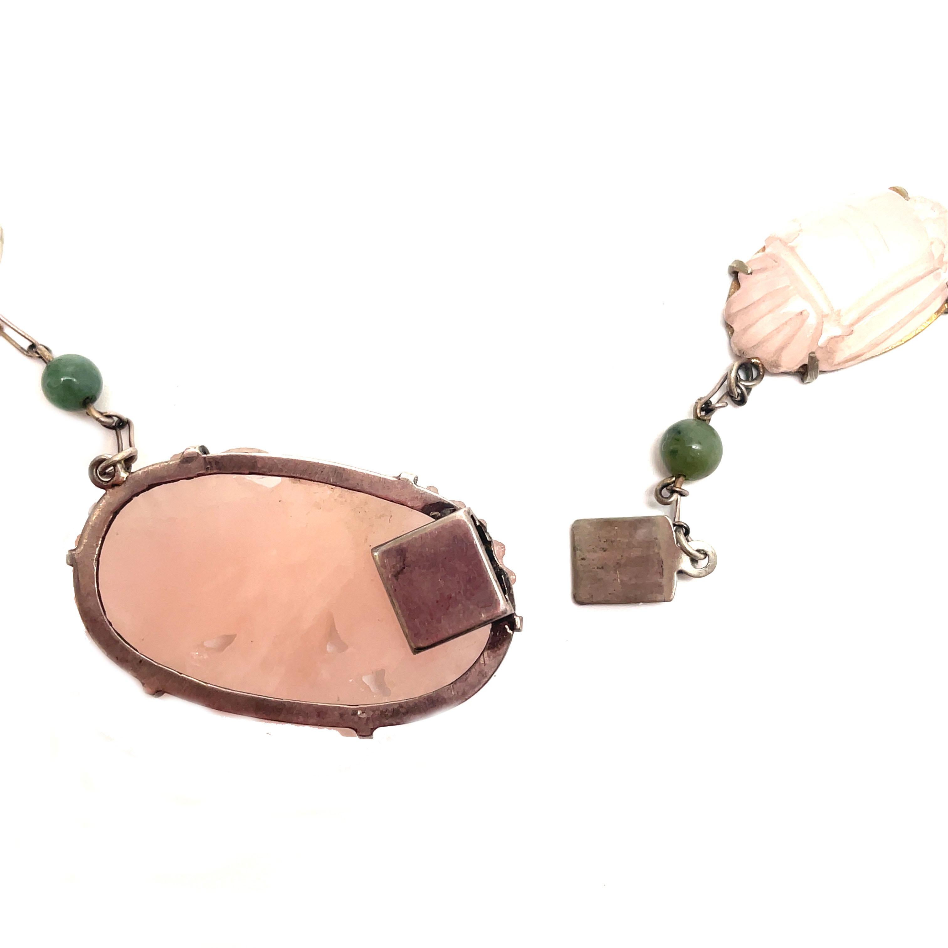 1920, Deco Sterling Silver Hand Carved Rose Quartz and Jade Bead Necklace 3