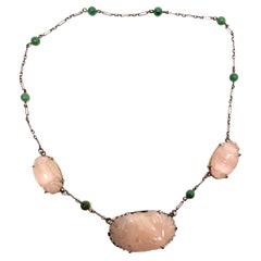 1920, Deco Sterling Silver Hand Carved Rose Quartz and Jade Bead Necklace