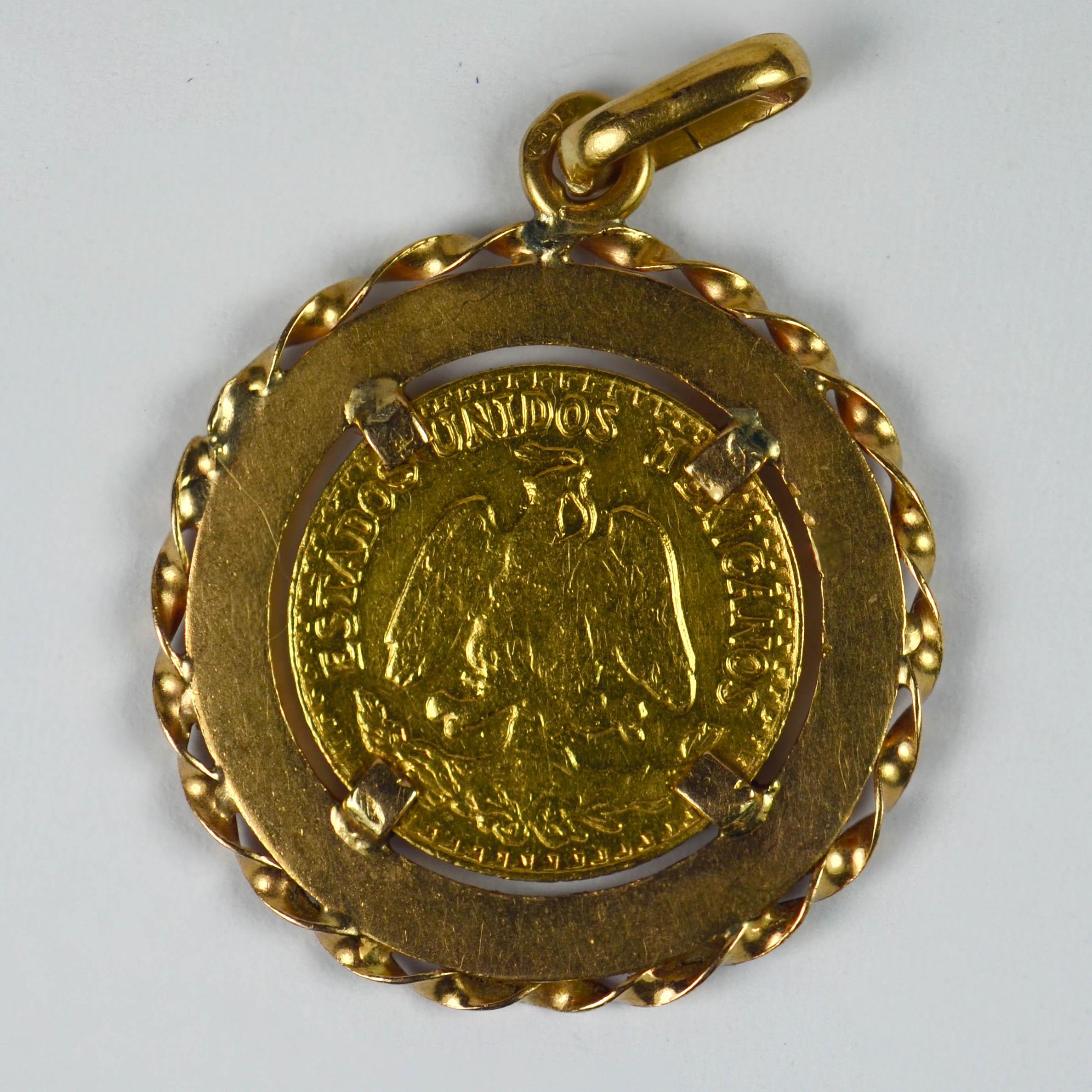 An 18 karat rose gold charm pendant frame containing a rare 1920 mint 24 karat yellow gold Mexican Dos Pesos coin. Of numismatic interest, the 1920 open wreath is viewed as the key mintage for this collectible coin which was first issued in 1919.