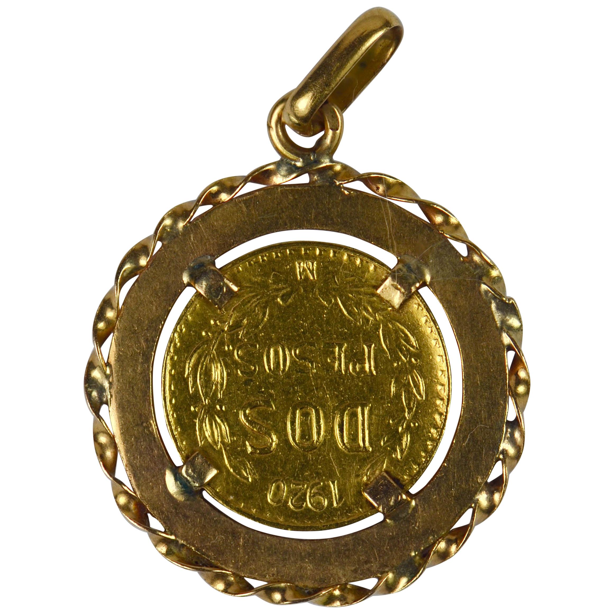 1920 Dos Pesos 'Two Peso' Mexican Yellow Gold Coin Charm Pendant