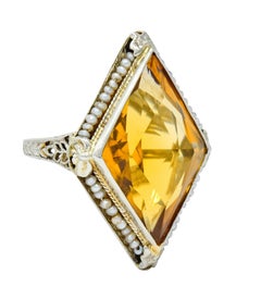 1920 Edwardian Citrine Seed Pearl 18 Karat White Gold Cocktail Ring