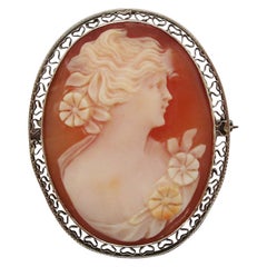 1920 Edwardian Hand Carved Three Color Shell Cameo in 10 Karat Gold Filigree Pi