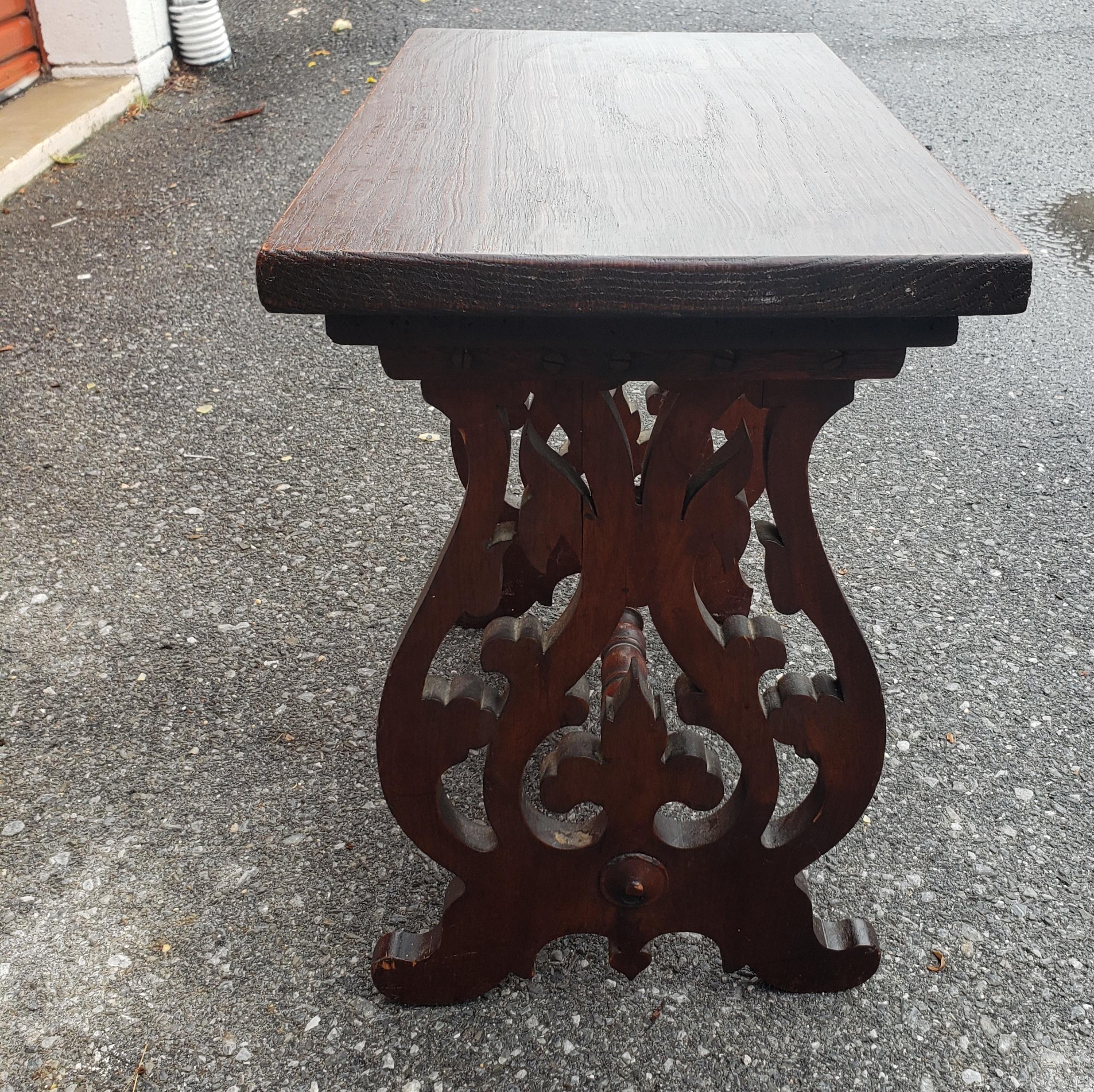 American 1920 Edwardian Handcrafted and Carved Oak Trestle Bench or Table For Sale